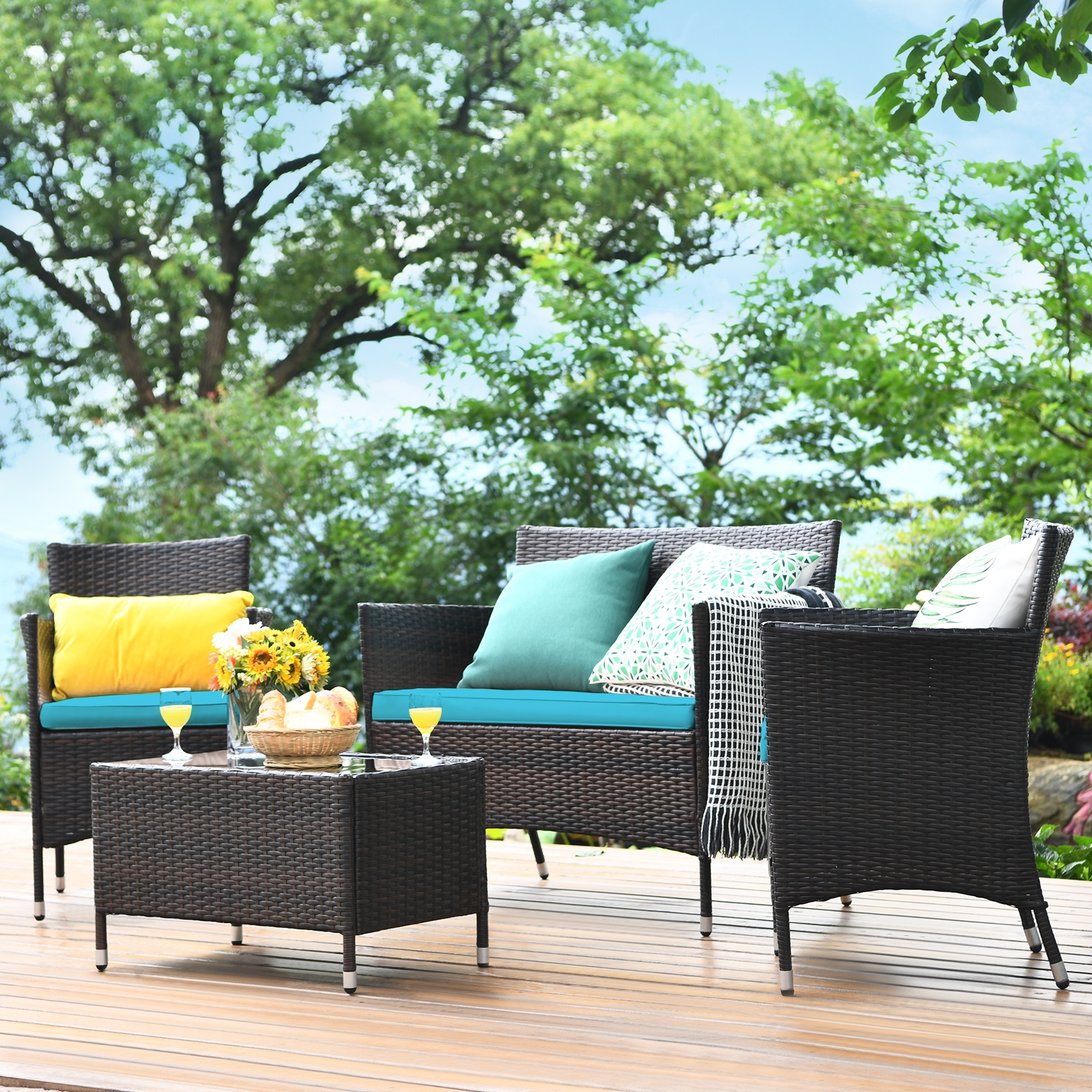 Mondawe 4 Pcs Rattan Outdoor Patio Conversation Furniture Set with Glass Table and Comfortable Wicker Sectional Sofa-Mondawe