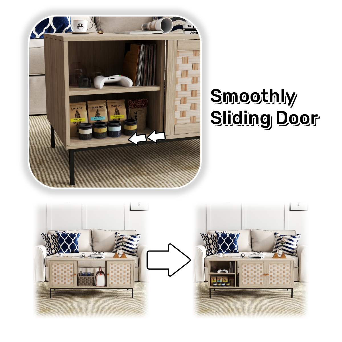 Elegant Veener Weaving Design Coffee Table with 4 Sliding Door, Wooden Center Rectangular Table with Symmetrical Design Storage Cabinet 