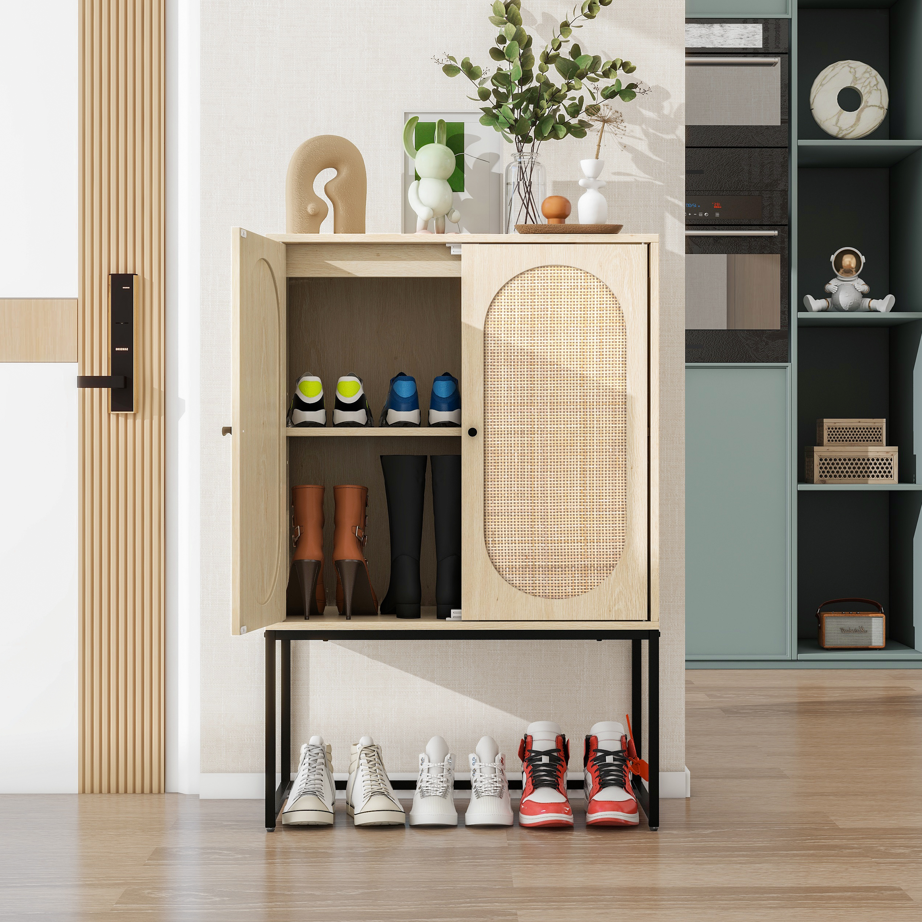 Allen 2 Door high cabinet, rattan, Built-in adjustable shelf, Easy Assembly, Free Standing Cabinet for Living Room Bedroom 