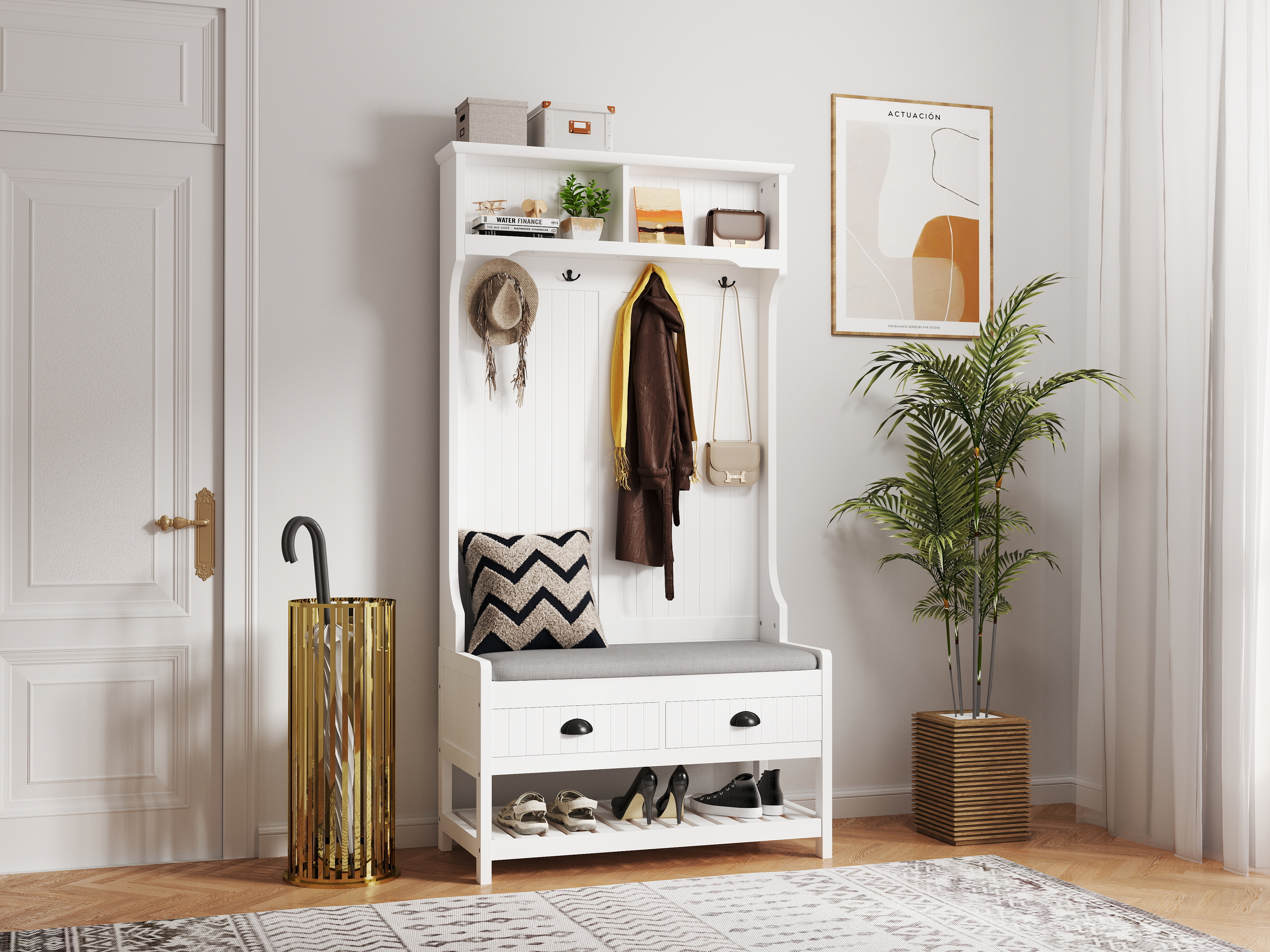 3-in-1 Hallway Hall Tree with 2 Storage Drawer and 4 Coat Rack, Wooden Entryway Shoe Rack Bench with Padded Seat Cushion, Mudroom Bench with Top Storage Shelf 