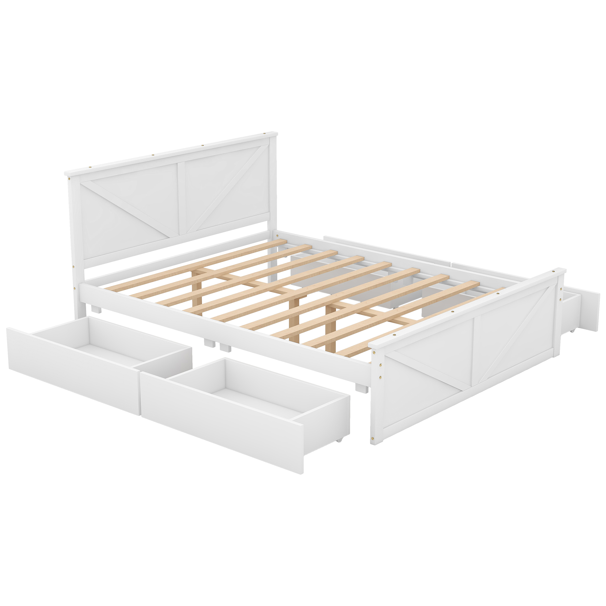 King/Queen Size Wooden Platform Bed with Four Storage Drawers and Support Legs, White/Gray