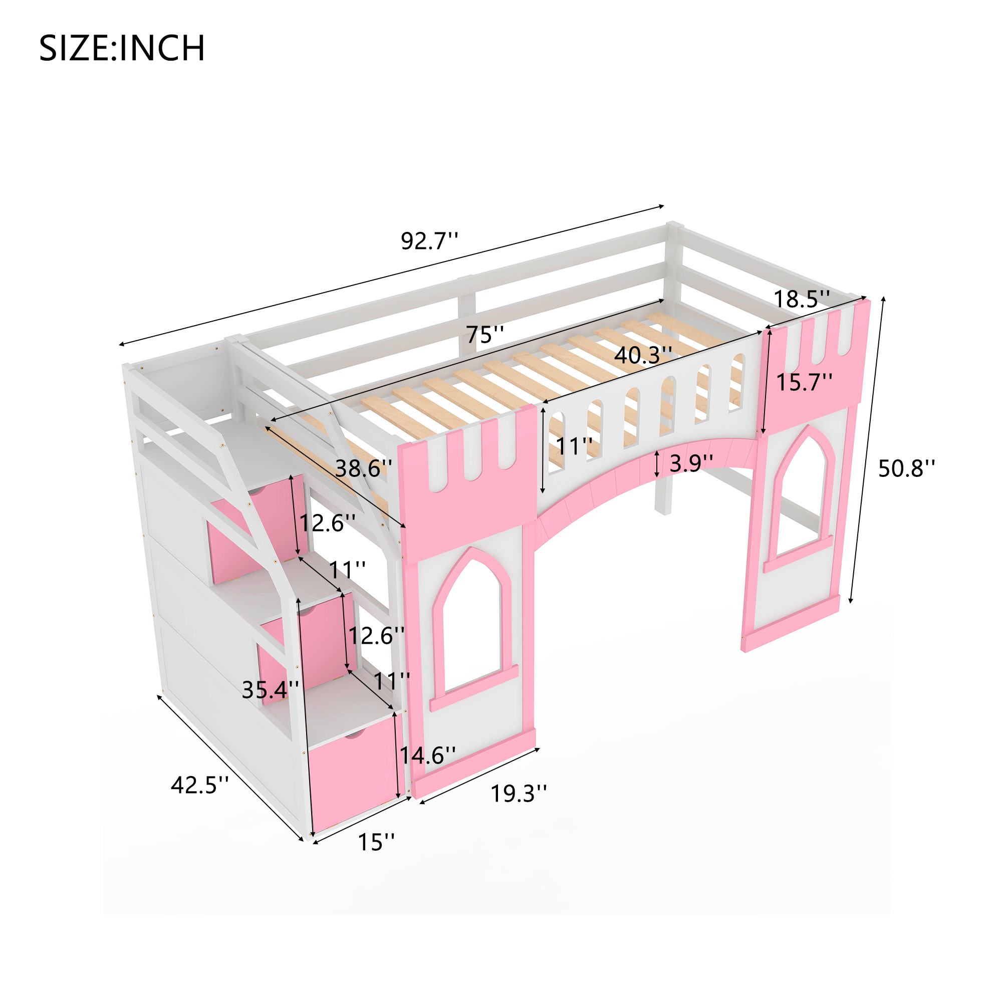 Twin Size Loft Bed with Storage Staircase and Window, White/Pink