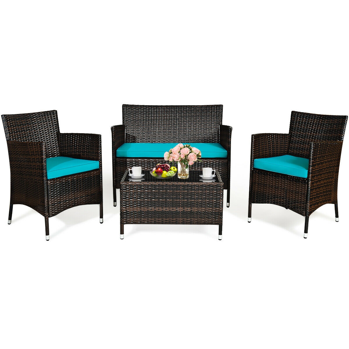 Mondawe 4 Pcs Rattan Outdoor Patio Conversation Furniture Set with Glass Table and Comfortable Wicker Sectional Sofa-Mondawe