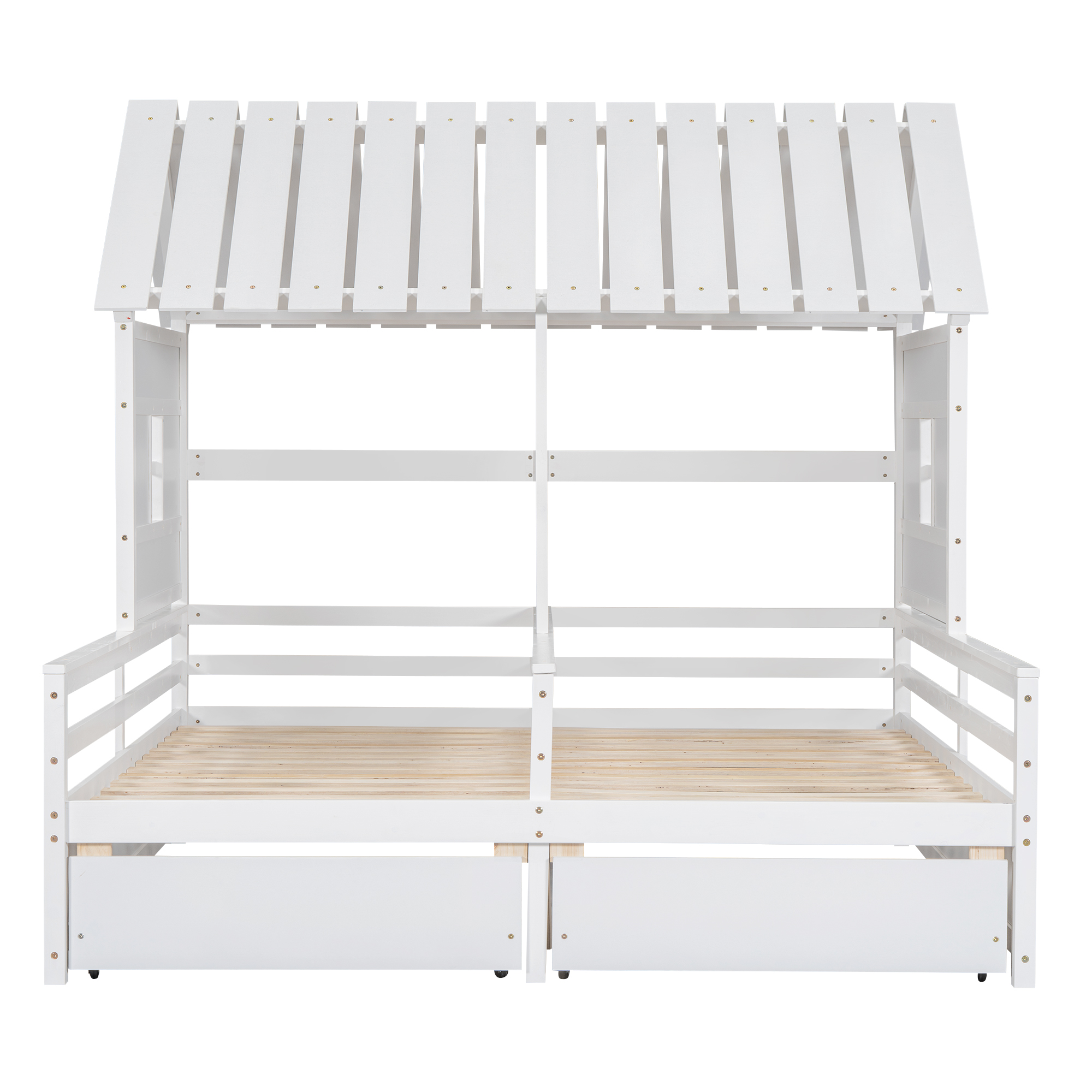 Twin Size House Platform Beds with Two Drawers for Boy and Girl Shared Beds, Combination of 2 Side by Side Twin Size Beds, Gray/White