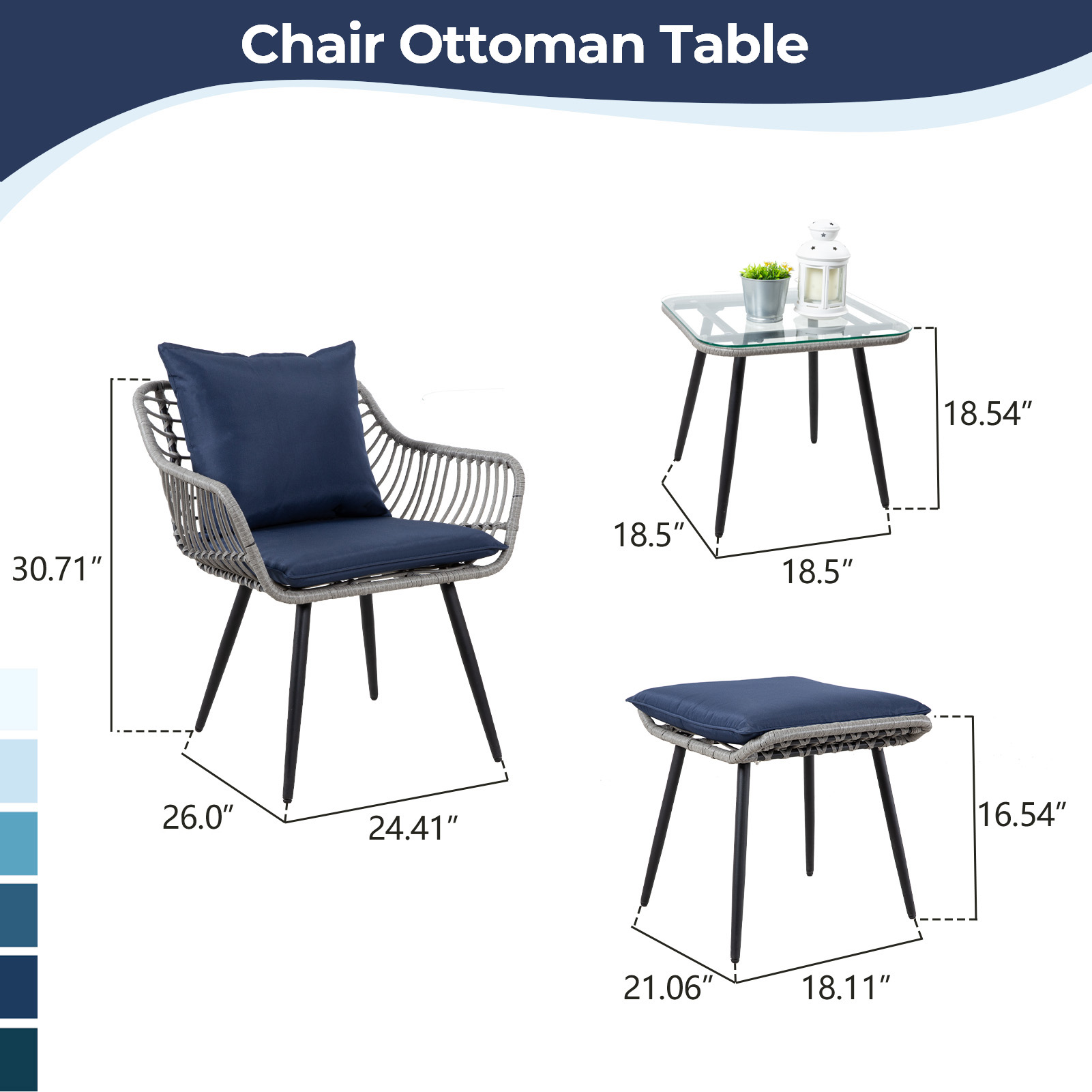 7-Piece Patio Bistro Set – PE Rattan Chairs with Cushions, Ottomans, and Tempered Glass Coffee Table, Compact Outdoor Furniture for Balcony or Small Spaces (Blue/Beige)