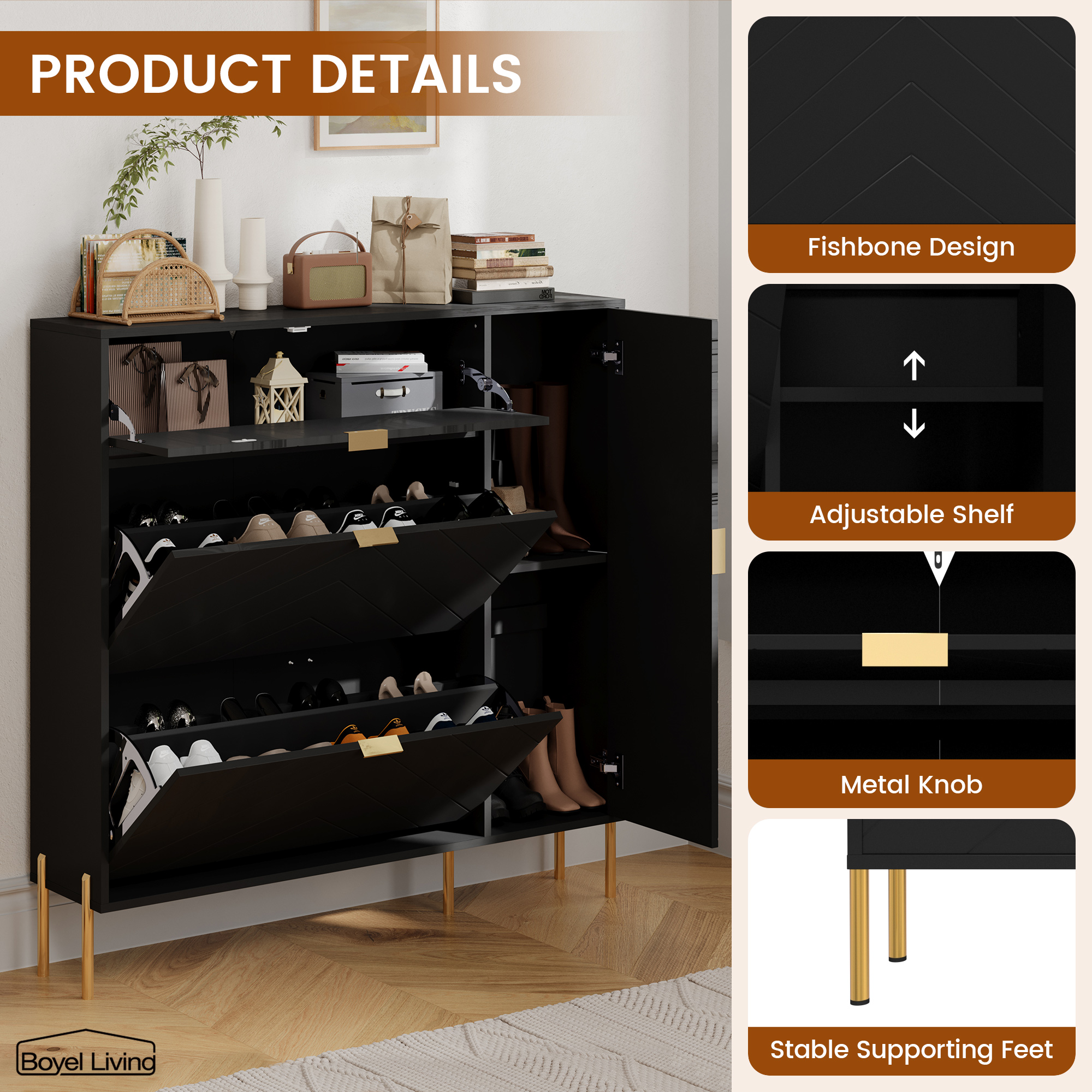 49.21 in. H x 9.45 in. W x 43.31 in. L White Wood Shoe Storage Cabinet with Flip-Up Drawers, Adjustable Shelf