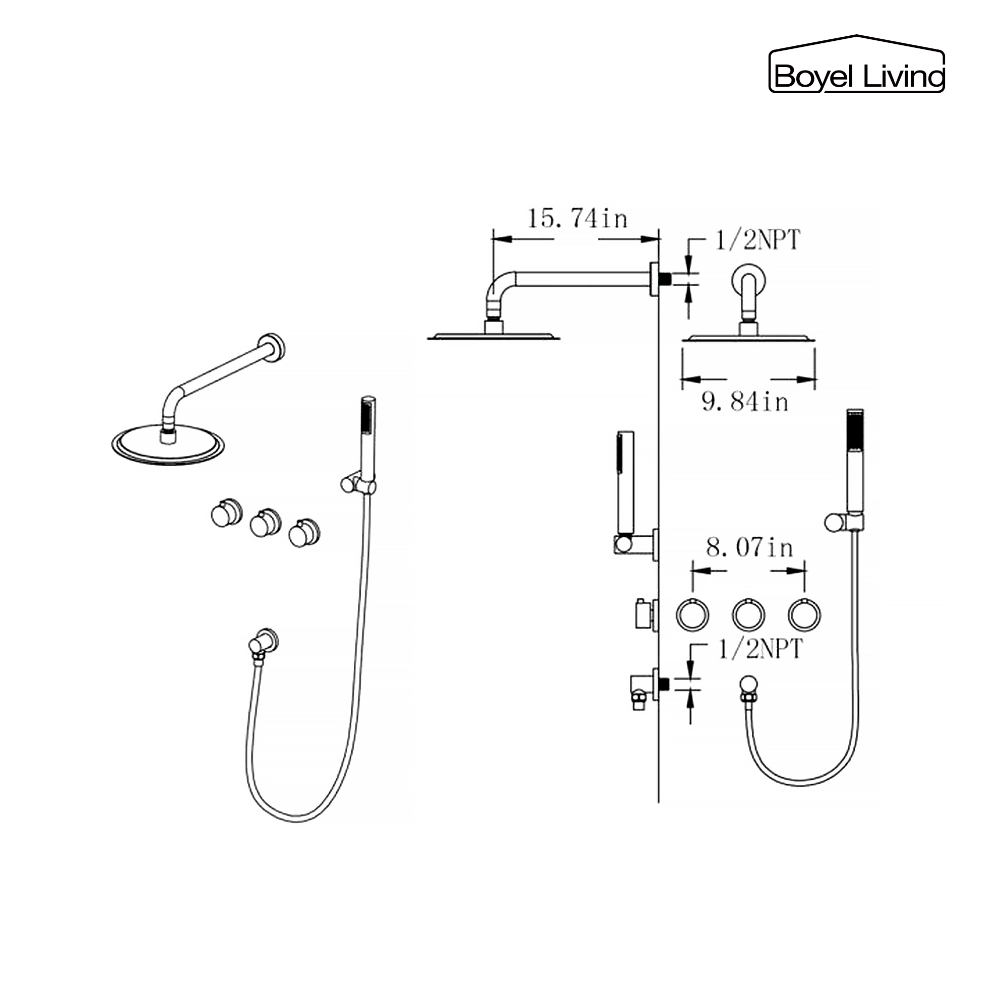1-Spray Patterns with 2.5GPM 10 in. Tub Wall Mount Dual Shower Heads in Spot Resist Matte Black
