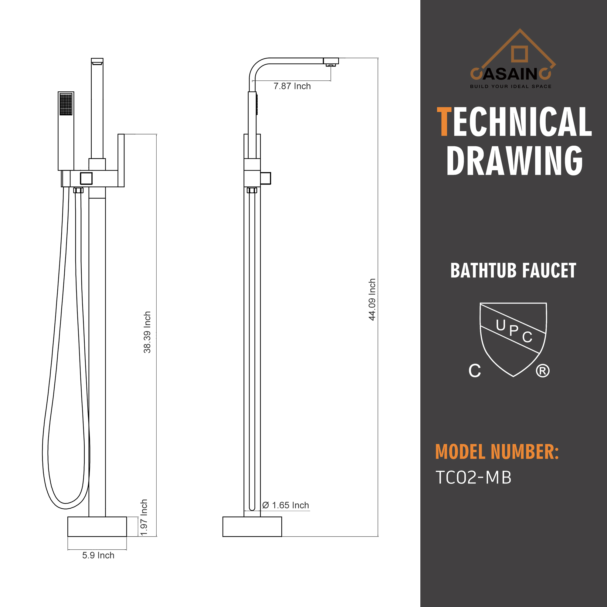 Single-Handle Free-Standing Tub Faucet with Rectangle Hand Shower in Brushed Brass/Brushed Nickel/Oil Rubbed Bronze/Matte Black