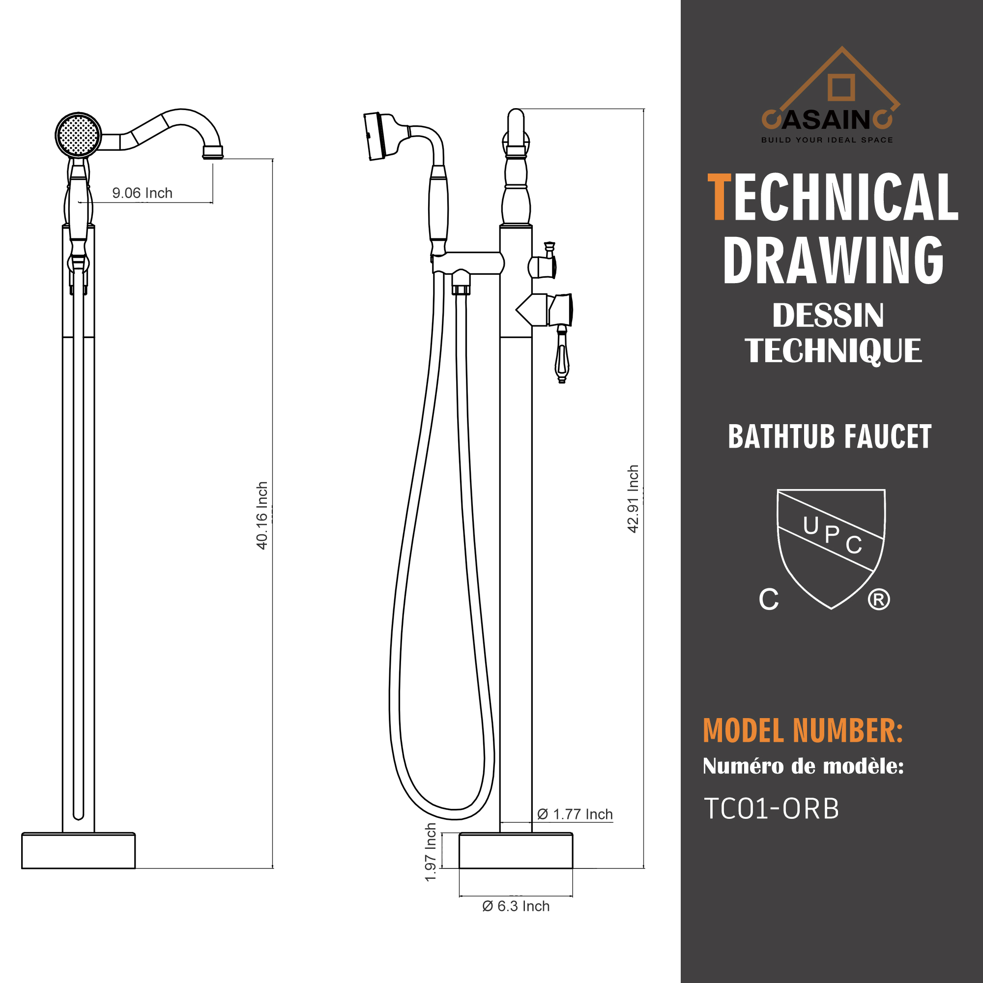 Single Handle Classical Freestanding Bathtub Faucet with Hand Shower Hand