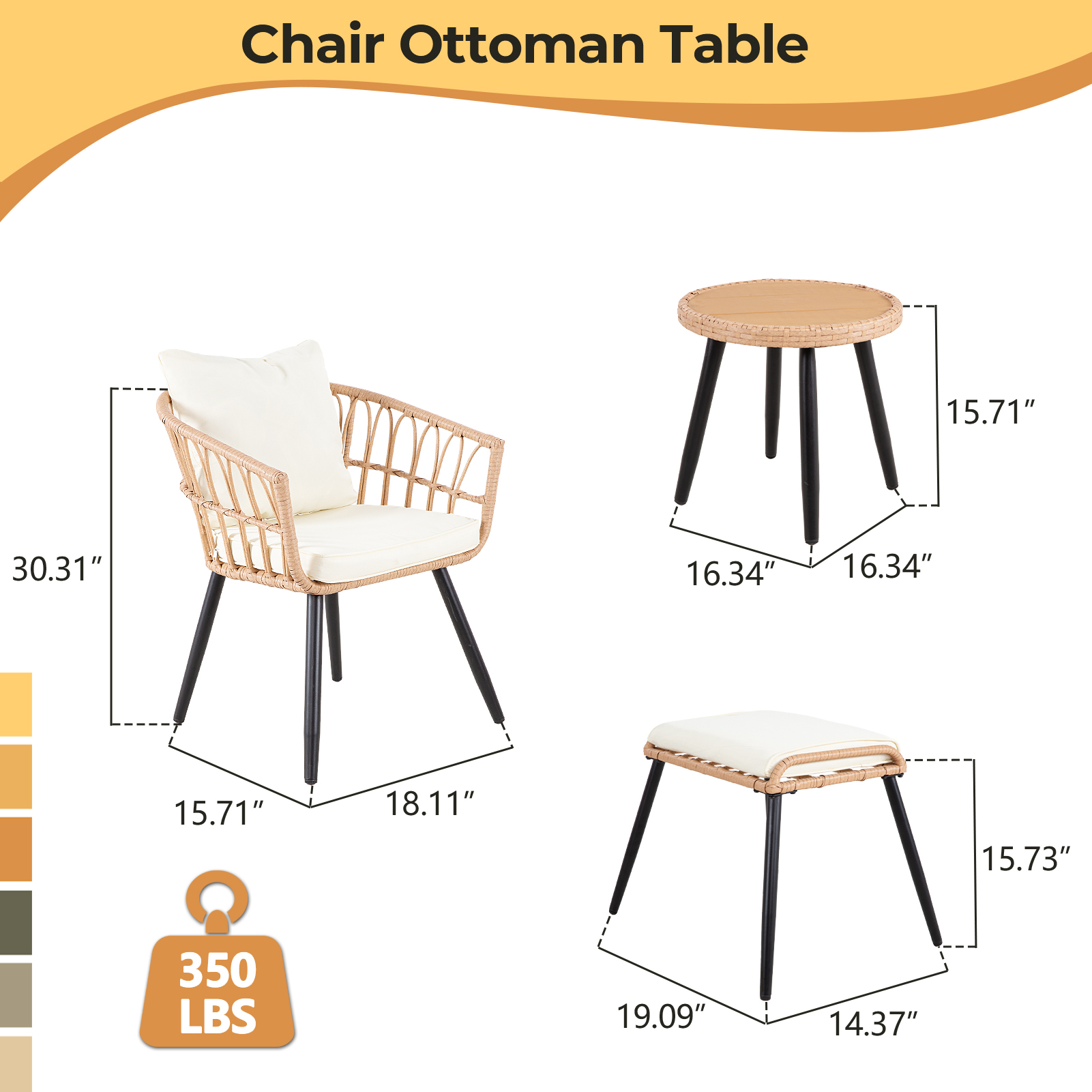 7-Piece PE Rattan Patio Furniture Set – 2 Chairs, 2 Ottomans & Round Coffee Table, Outdoor Bistro Conversation Set with Cushions, Blue/Beige