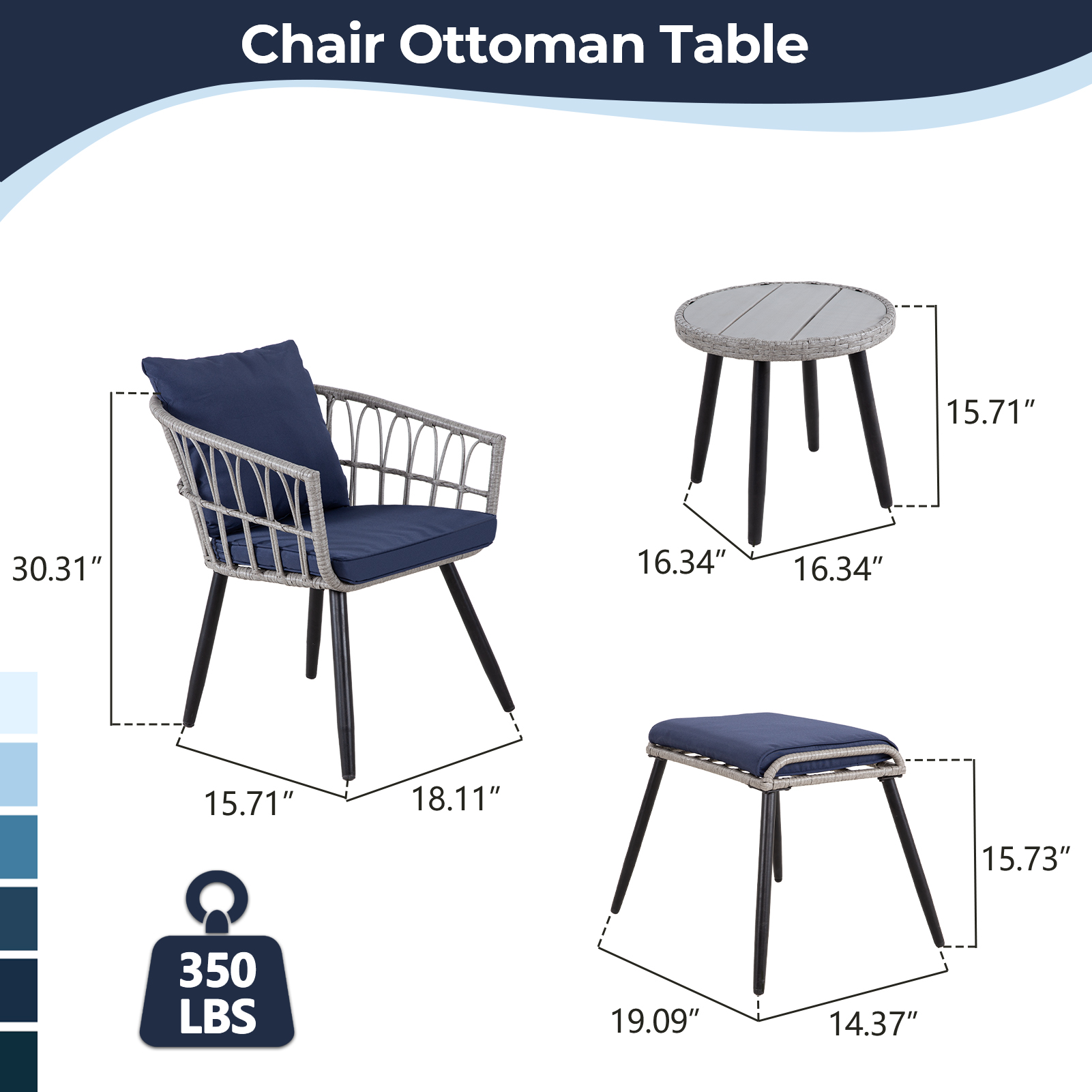 7-Piece PE Rattan Patio Furniture Set – 2 Chairs, 2 Ottomans & Round Coffee Table, Outdoor Bistro Conversation Set with Cushions, Blue/Beige