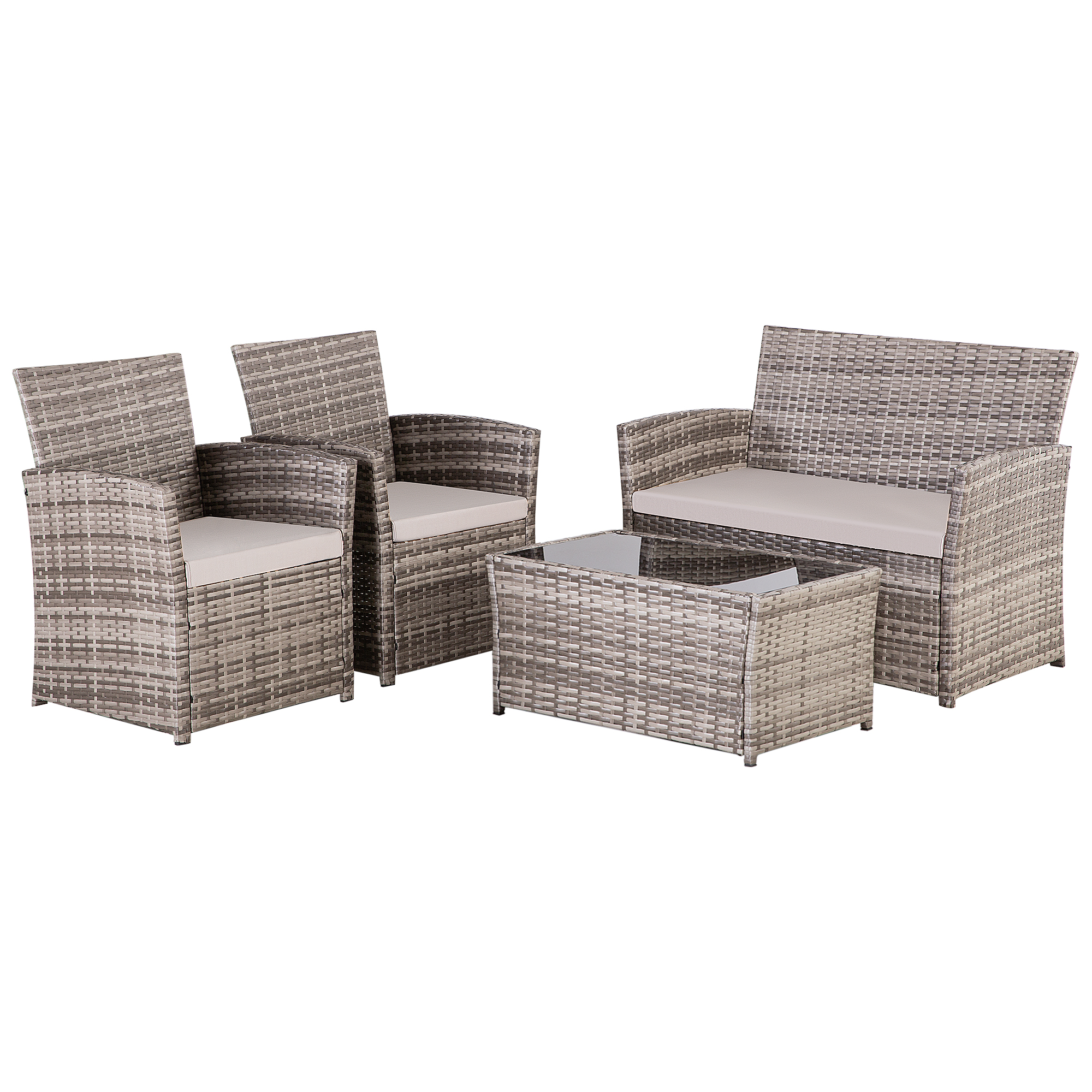 4-Piece PE Rattan Patio Furniture Set – Double Sofa, 2 Armchairs, Coffee Table with Cushions, Weather-Resistant Outdoor Conversation Set, Brown-Blue/Gray/Black-Gray/Black-Blue