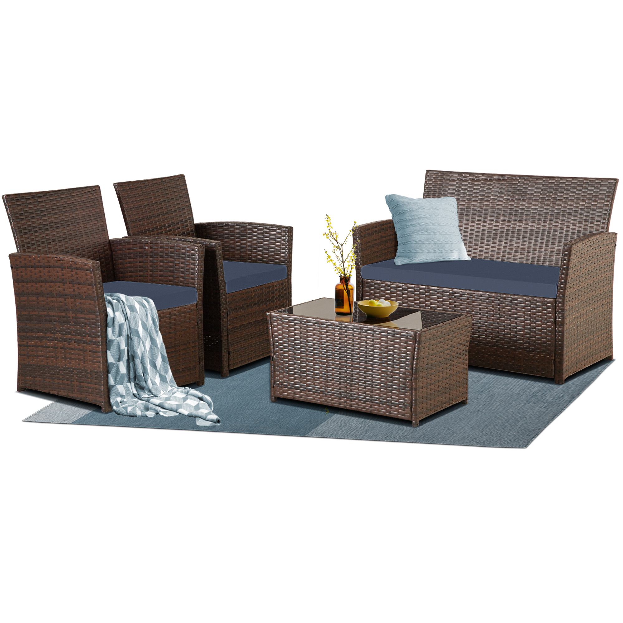 4-Piece PE Rattan Patio Furniture Set – Double Sofa, 2 Armchairs, Coffee Table with Cushions, Weather-Resistant Outdoor Conversation Set, Brown-Blue/Gray/Black-Gray/Black-Blue