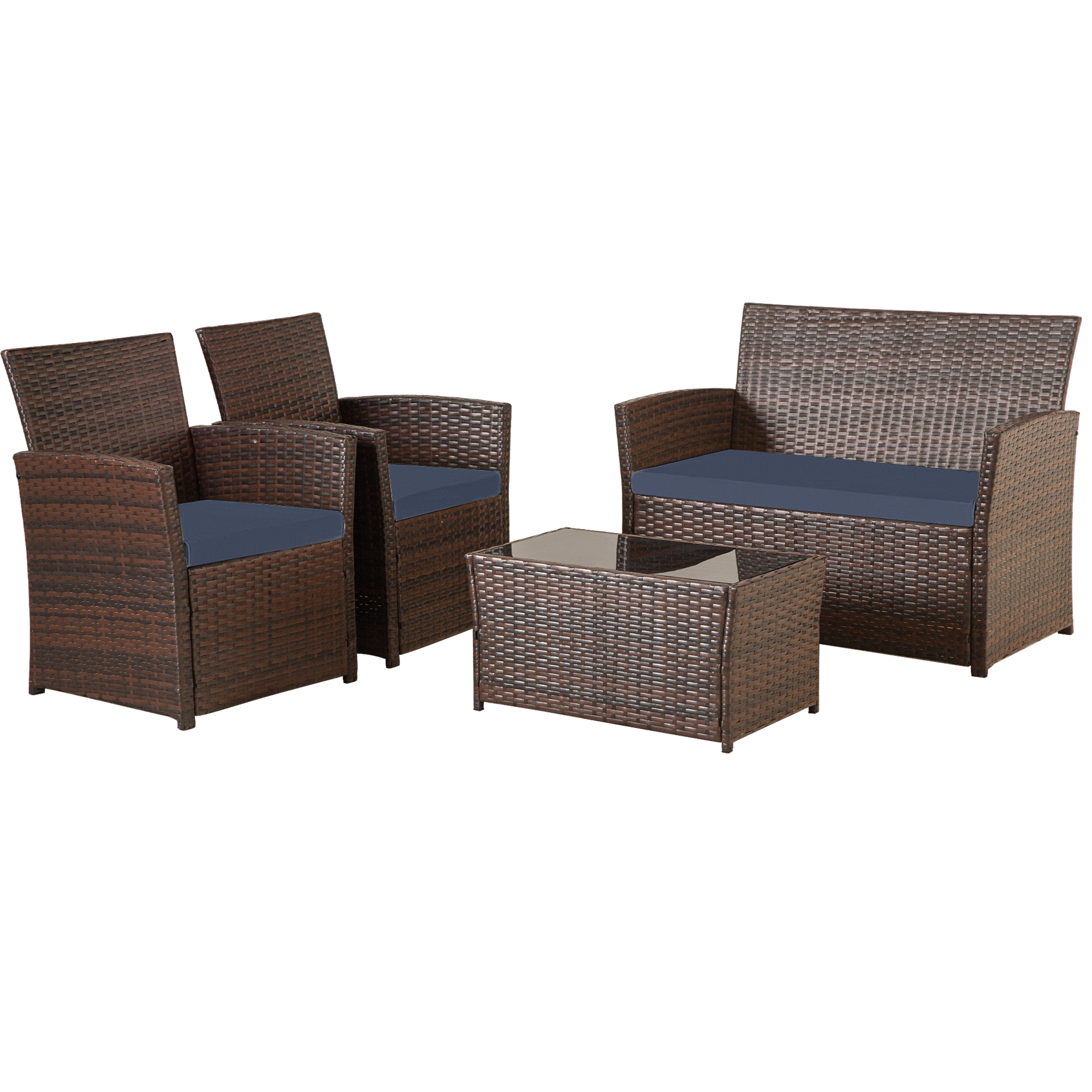 4-Piece PE Rattan Patio Furniture Set – Double Sofa, 2 Armchairs, Coffee Table with Cushions, Weather-Resistant Outdoor Conversation Set, Brown-Blue/Gray/Black-Gray/Black-Blue