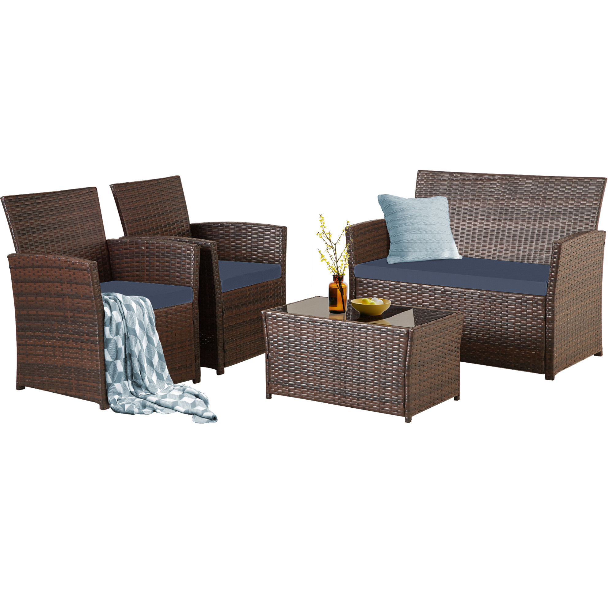 4-Piece PE Rattan Patio Furniture Set – Double Sofa, 2 Armchairs, Coffee Table with Cushions, Weather-Resistant Outdoor Conversation Set, Brown-Blue/Gray/Black-Gray/Black-Blue