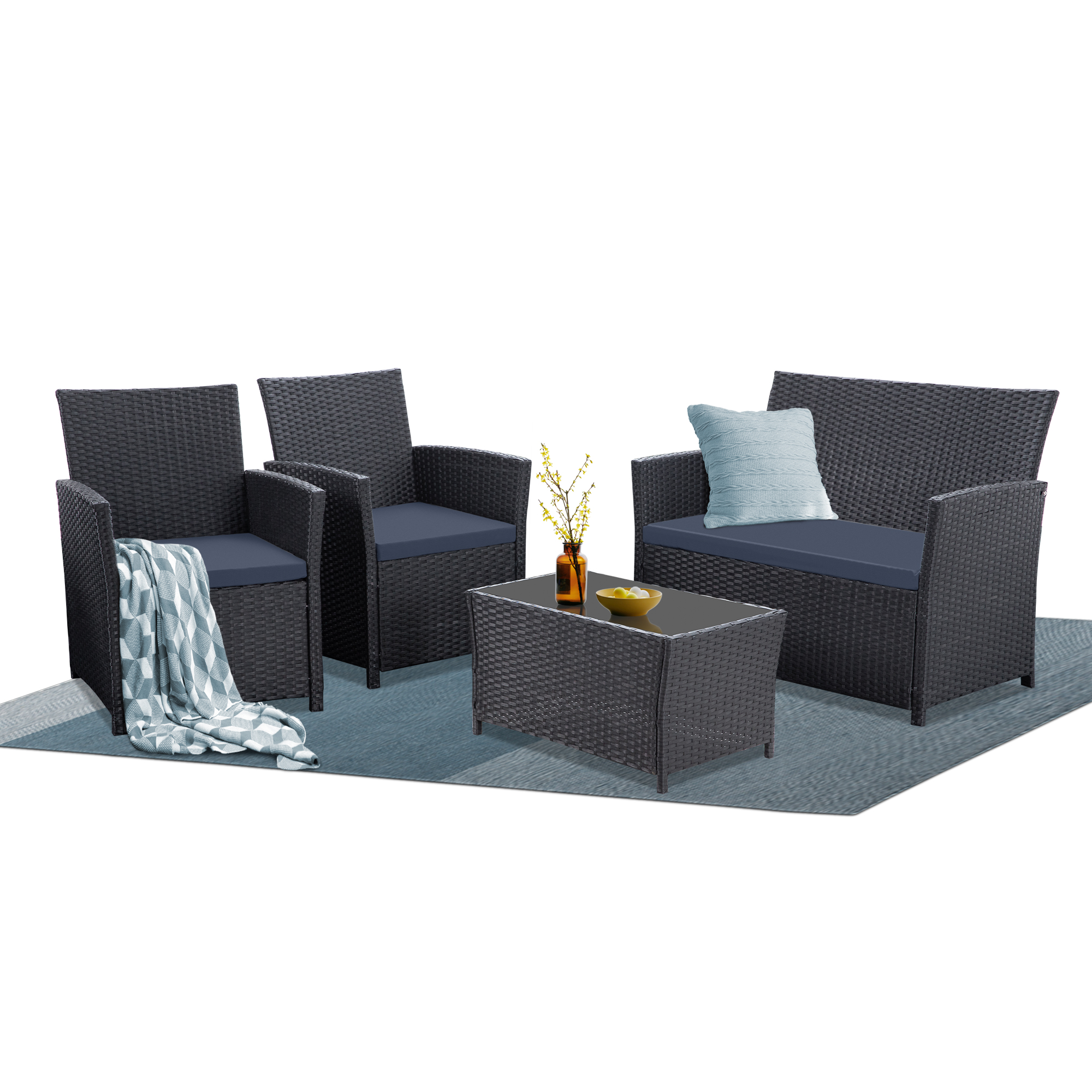 4-Piece PE Rattan Patio Furniture Set – Double Sofa, 2 Armchairs, Coffee Table with Cushions, Weather-Resistant Outdoor Conversation Set, Brown-Blue/Gray/Black-Gray/Black-Blue