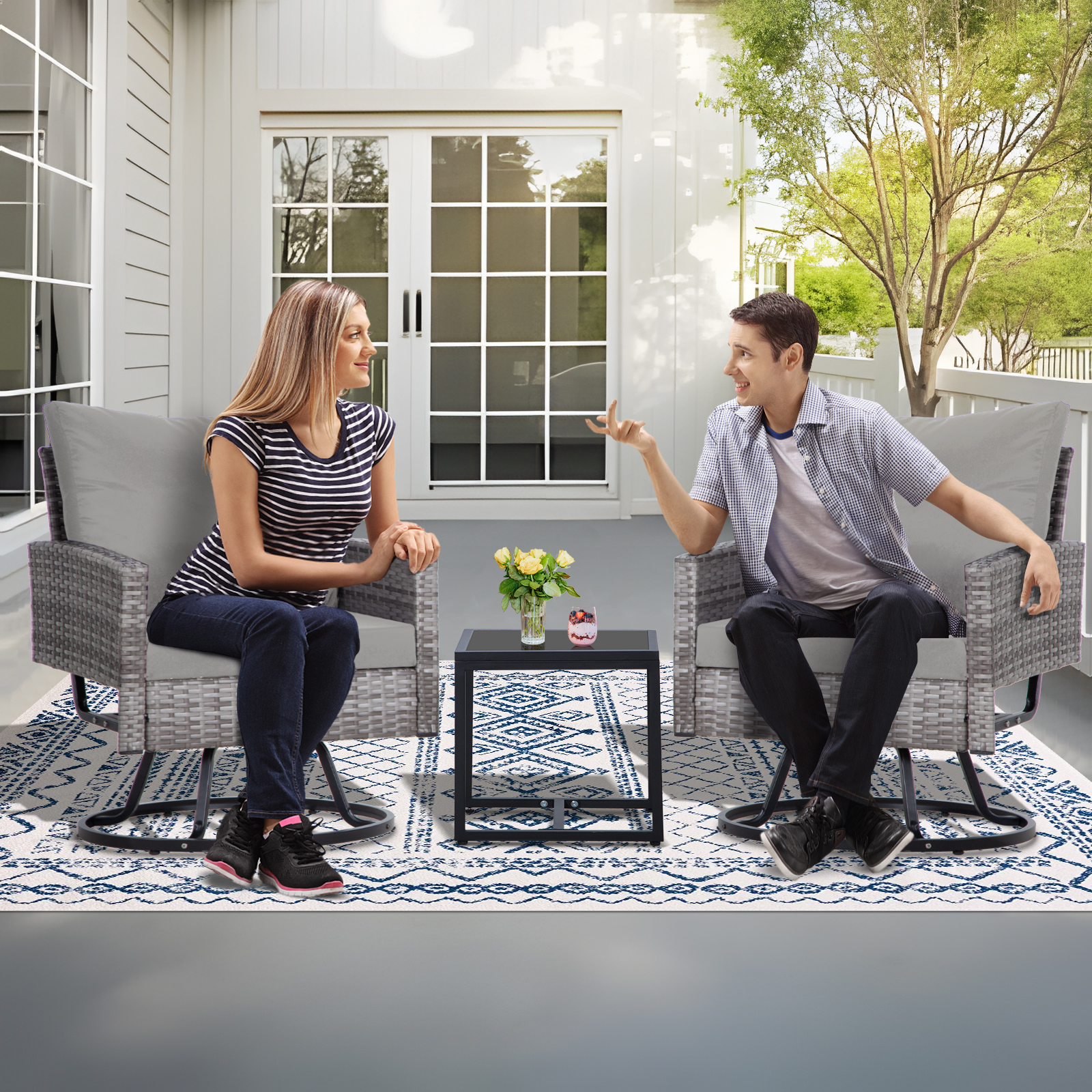 3-Piece Outdoor Swivel Chair Patio Set – 360° PE Rattan Chairs with Cushions & Glass Coffee Table, Gray/Beige/Blue/Dark Gray/Brown