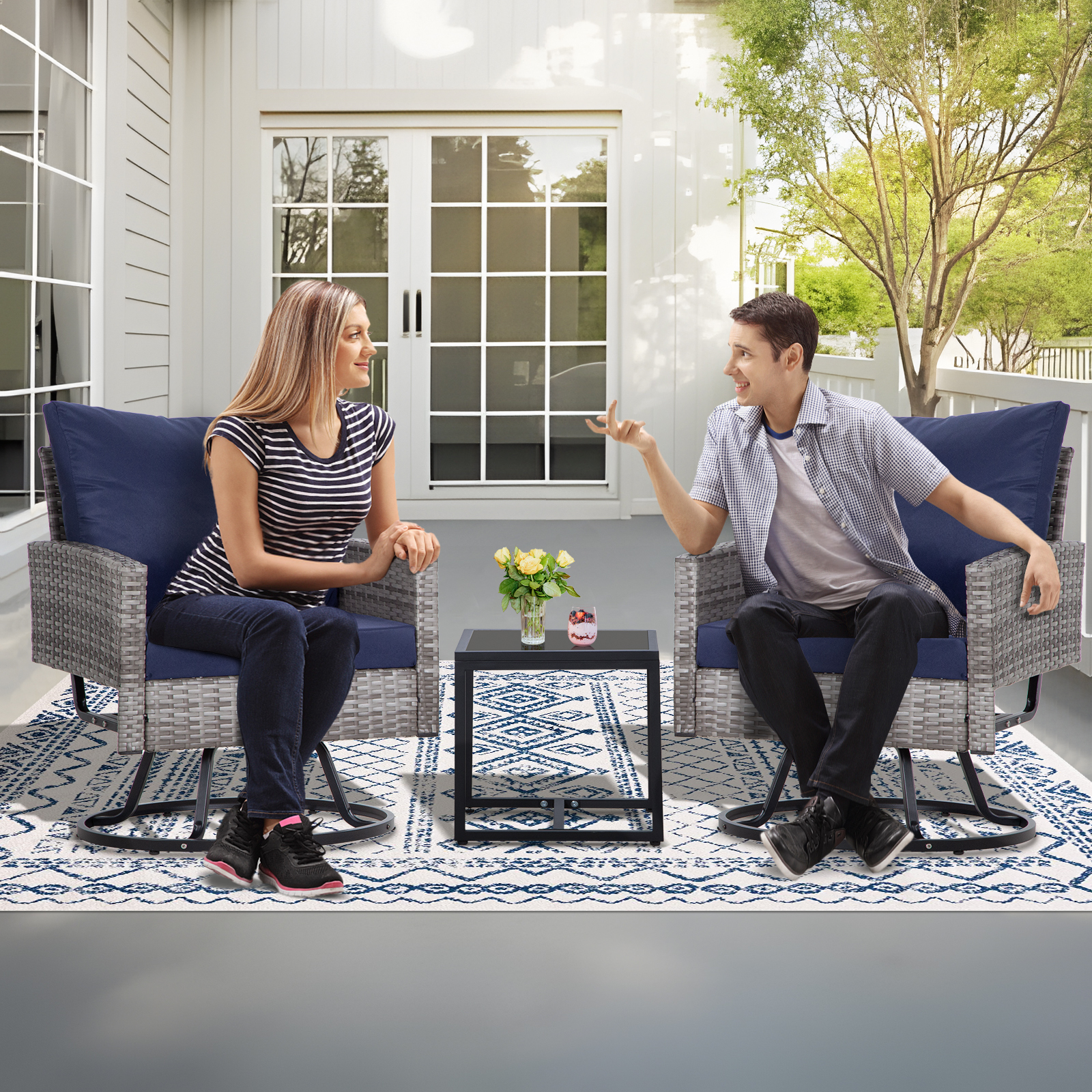 3-Piece Outdoor Swivel Chair Patio Set – 360° PE Rattan Chairs with Cushions & Glass Coffee Table, Gray/Beige/Blue/Dark Gray/Brown