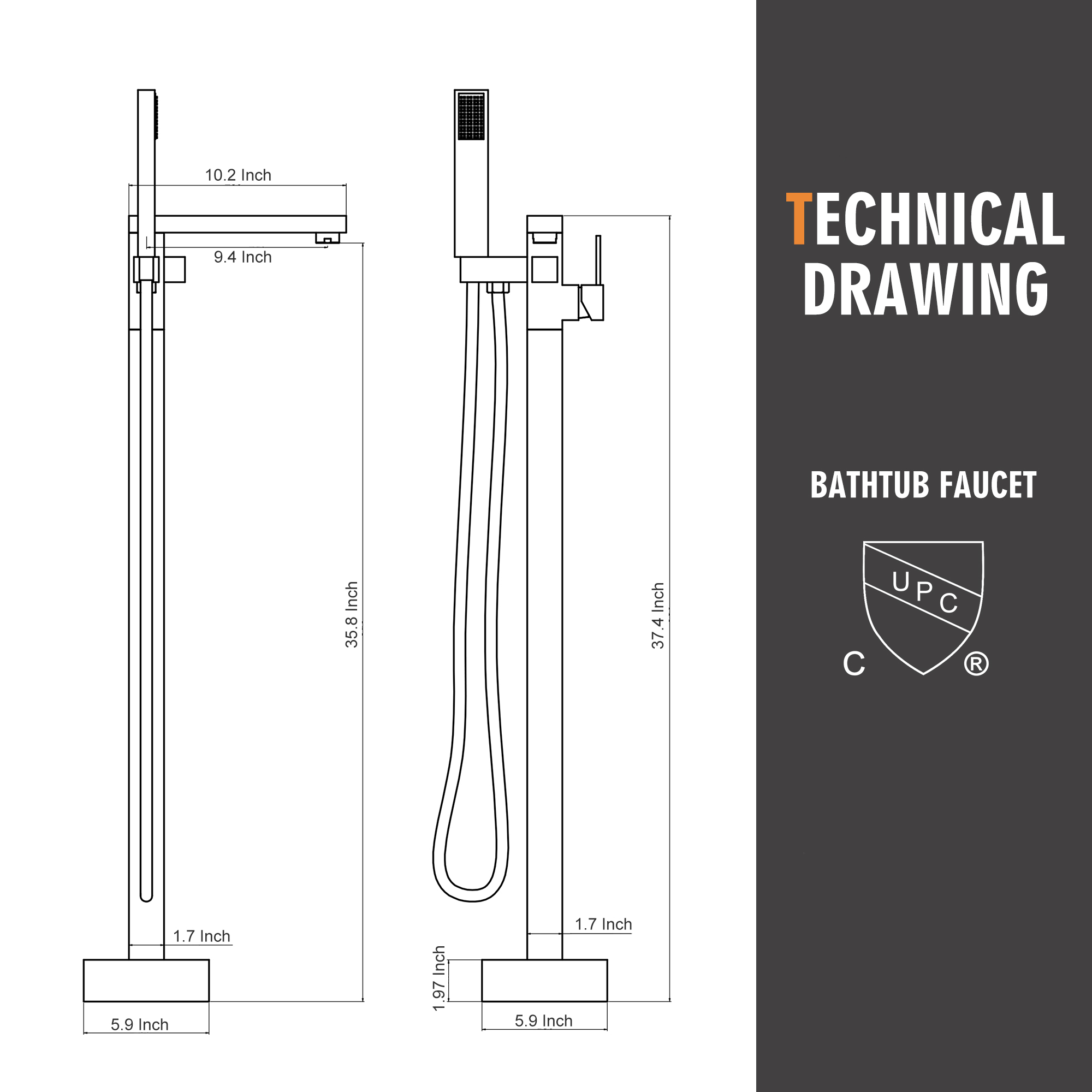 Brushed Brass Single-Handle Floor-Mounted Bathtub Faucet High Flow Bathroom Tub Filler with Hand Shower