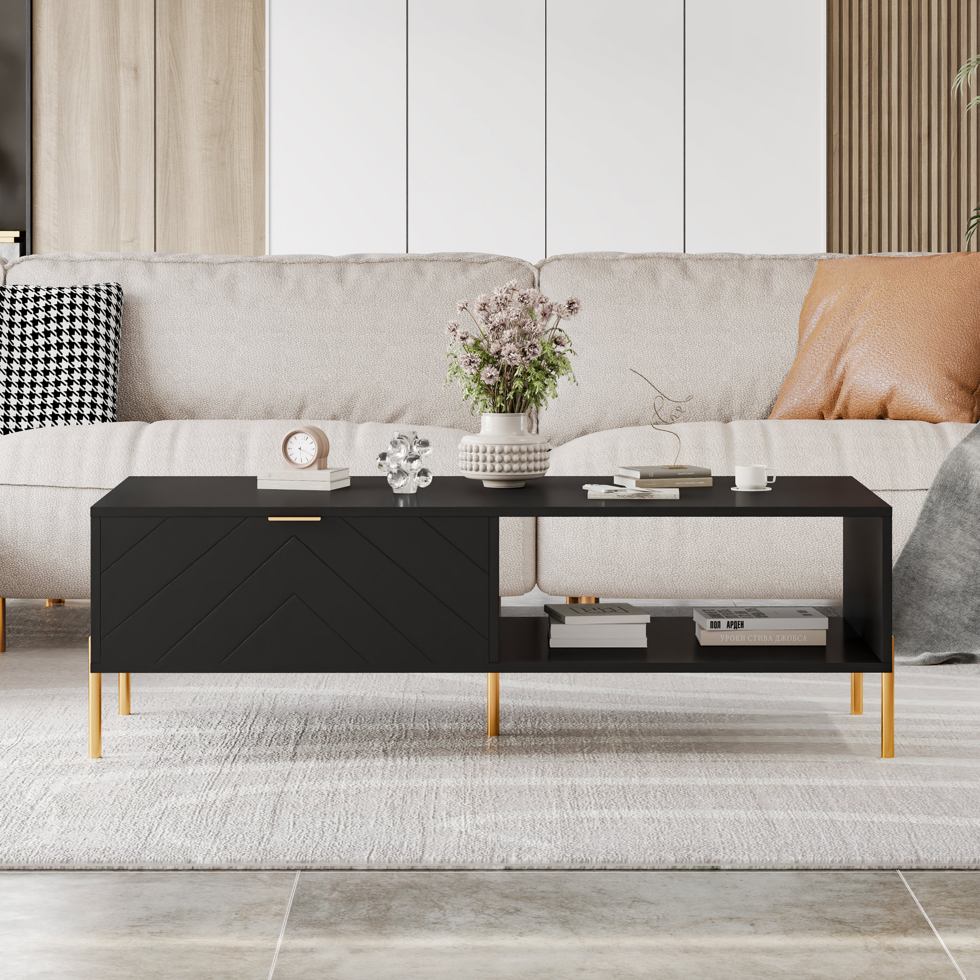 Mid-Century Modern Coffee Table, 48" Rectangle Coffee Table with Double Drawers, Gold Metal Decor, Center Table for Living Room,White