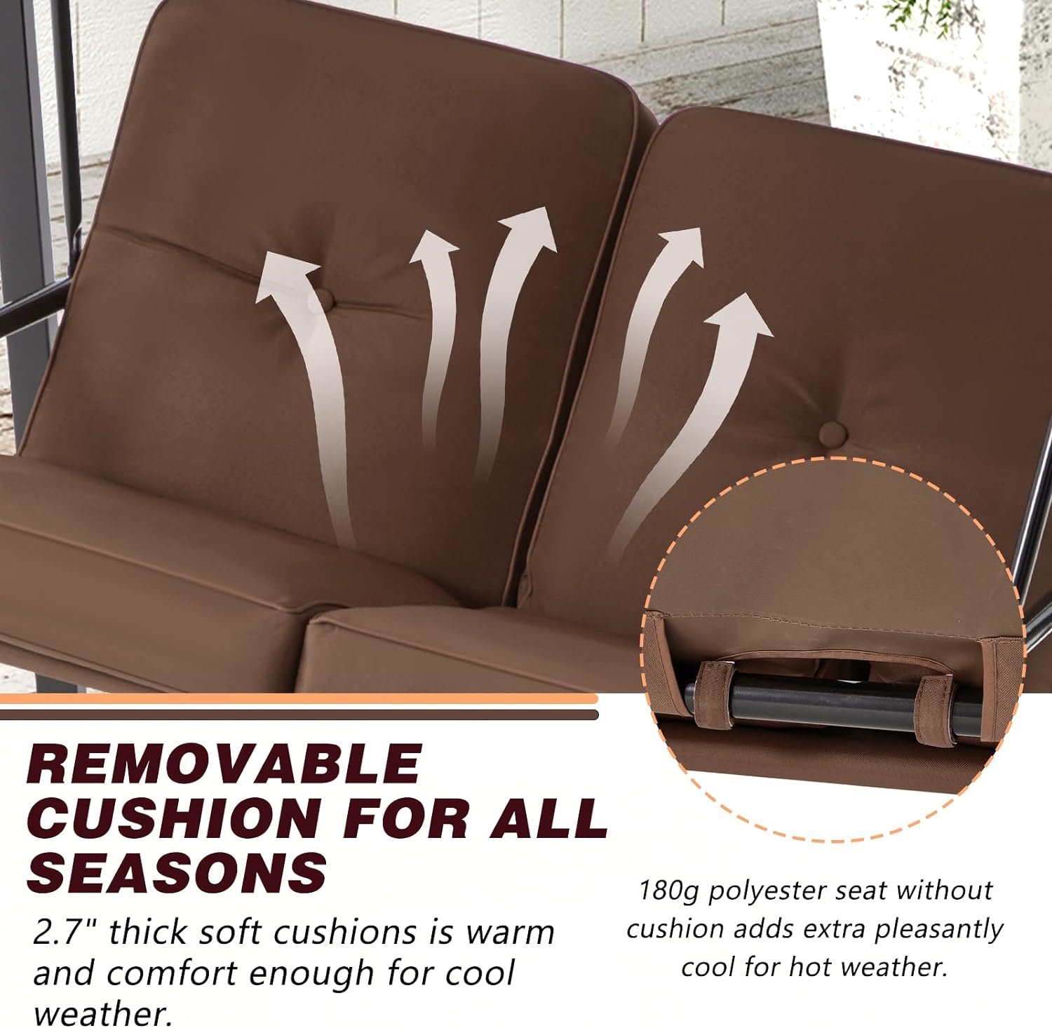 2-Person Metal Patio Swing with Canopy and Cushions in Brown/Black/Red