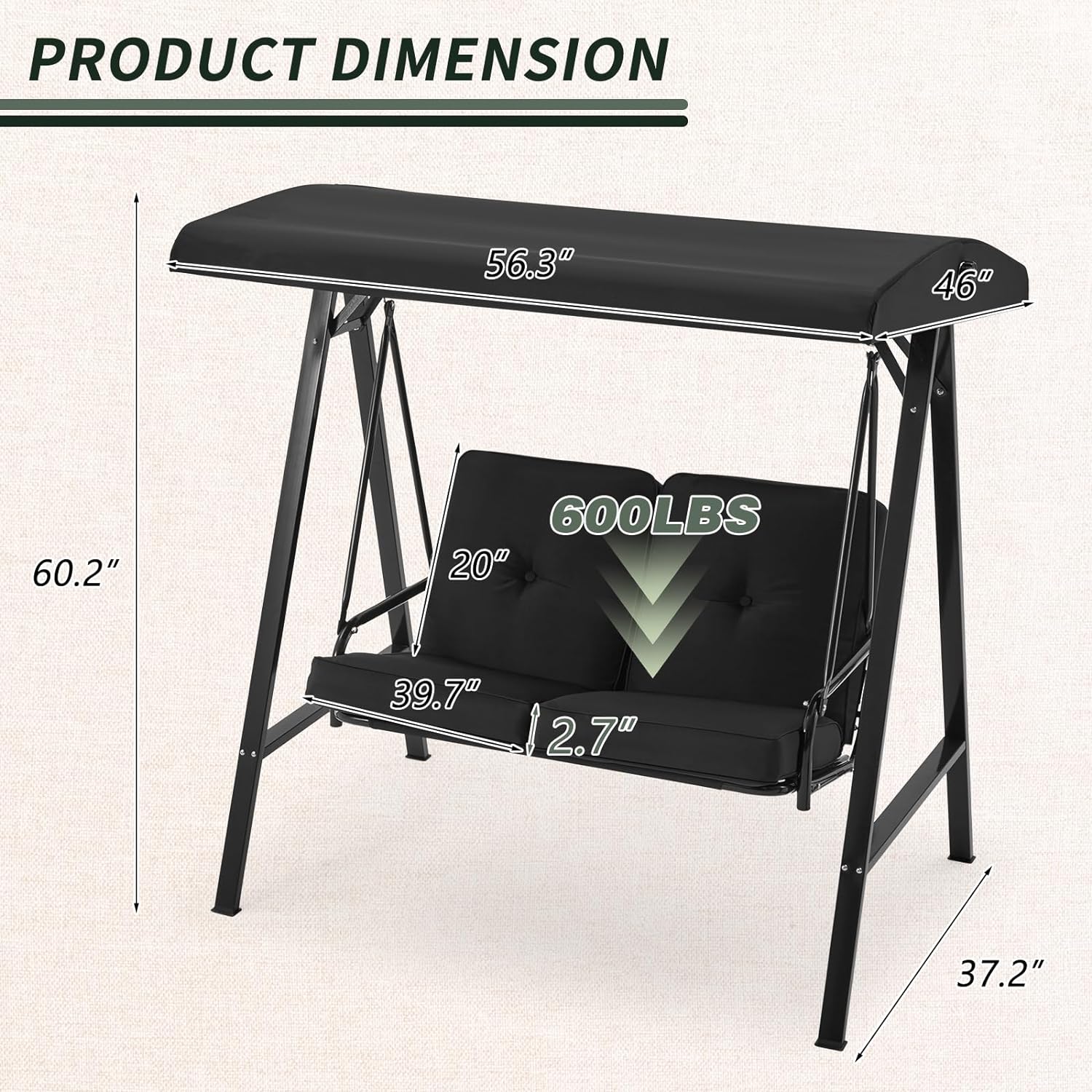 2-Person Metal Patio Swing with Canopy and Cushions in Brown/Black/Red