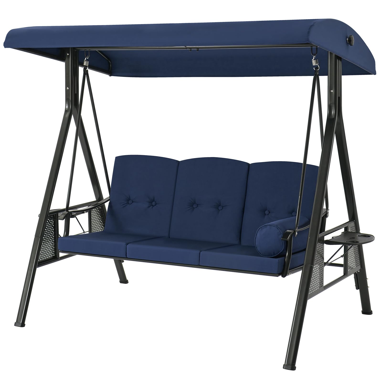 3-Person Metal Outdoor Patio Swing Chair In Navy Blue/Brown/Red/Black With Canopy And Cushions
