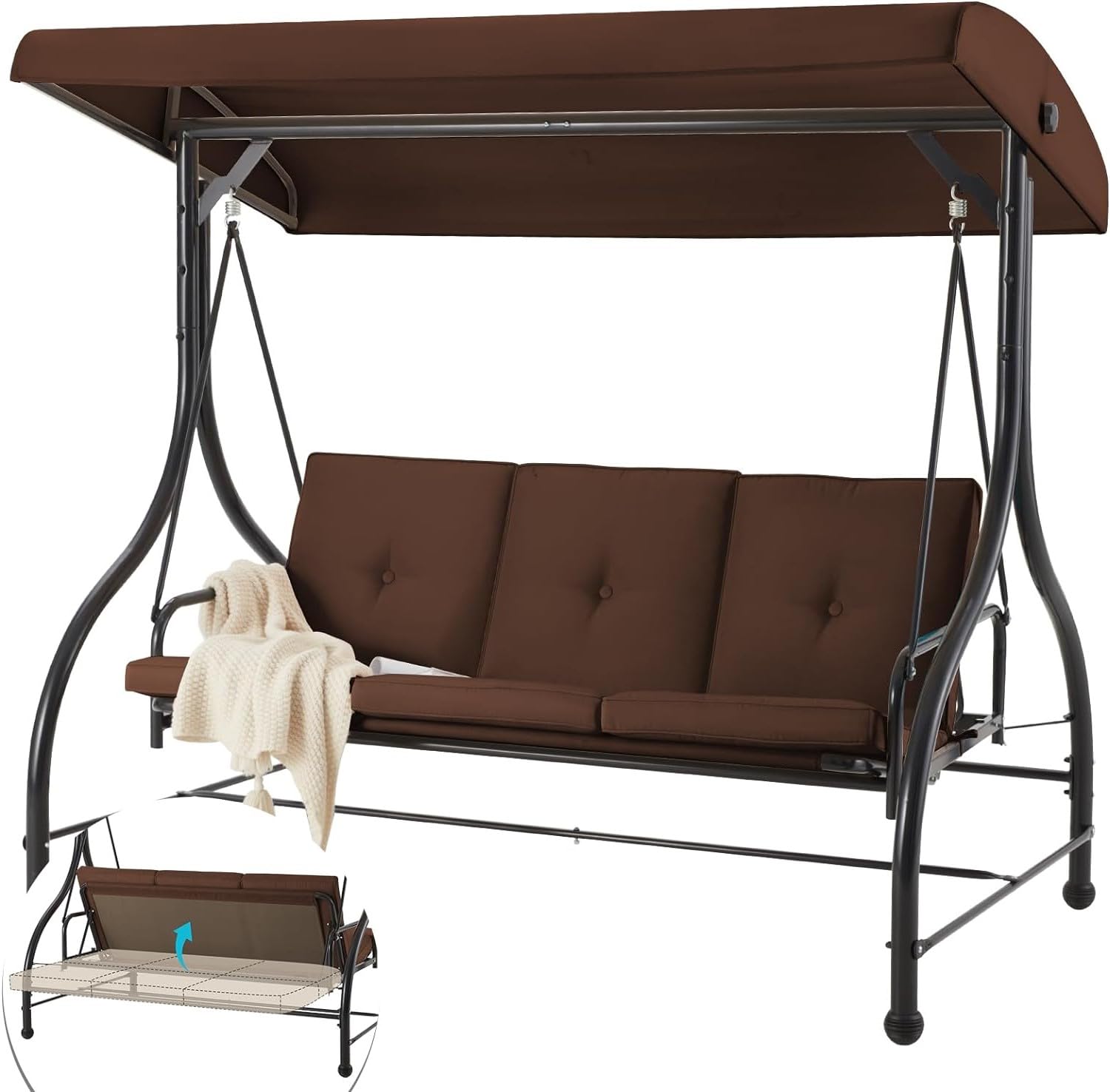 3-Seat Heavy-Duty Metal Patio Swing With Plush Black/Brown/Navy Blue/Red Cushions – Perfect For Relaxing Outdoors