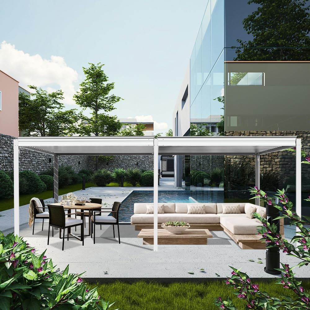 Louvered Pergola 10X20FT, Wood Grain Aluminum Pergola with Adjustable Roof, Wood Looking Aluminum Frame, Efficient Drainage System, Outdoor Pergola for Patio, Deck, Garden