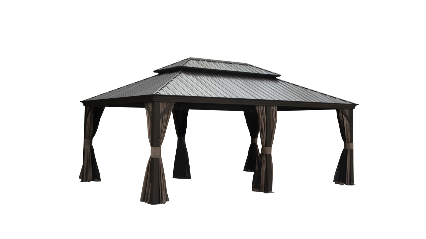 Outdoor Living 14x20FT Hardtop Gazebo, Permanent Metal Gazebo with Galvanized Steel Double Roof and Aluminum Frame, Curtain and Netting, Large Pavilion Gazebo for Patio Deck Garden