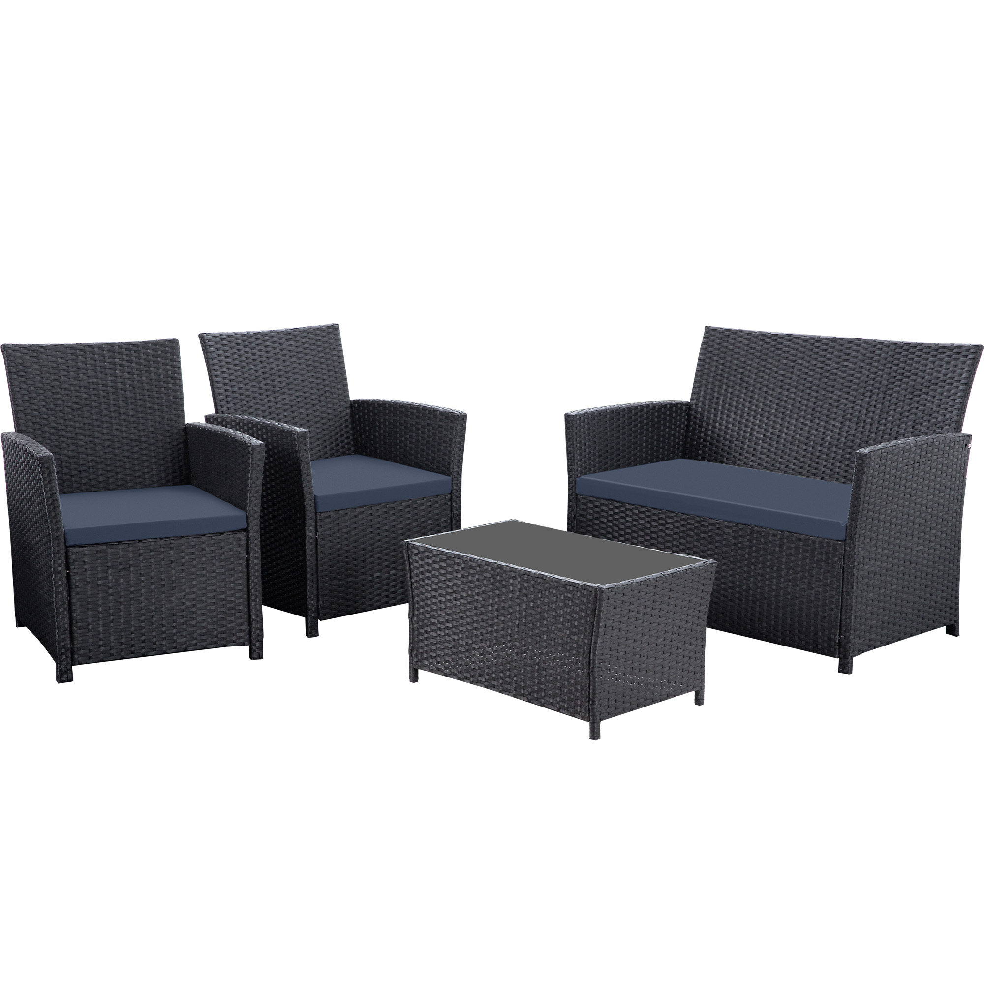 4-Piece PE Rattan Patio Furniture Set – Double Sofa, 2 Armchairs, Coffee Table with Cushions, Weather-Resistant Outdoor Conversation Set, Brown-Blue/Gray/Black-Gray/Black-Blue