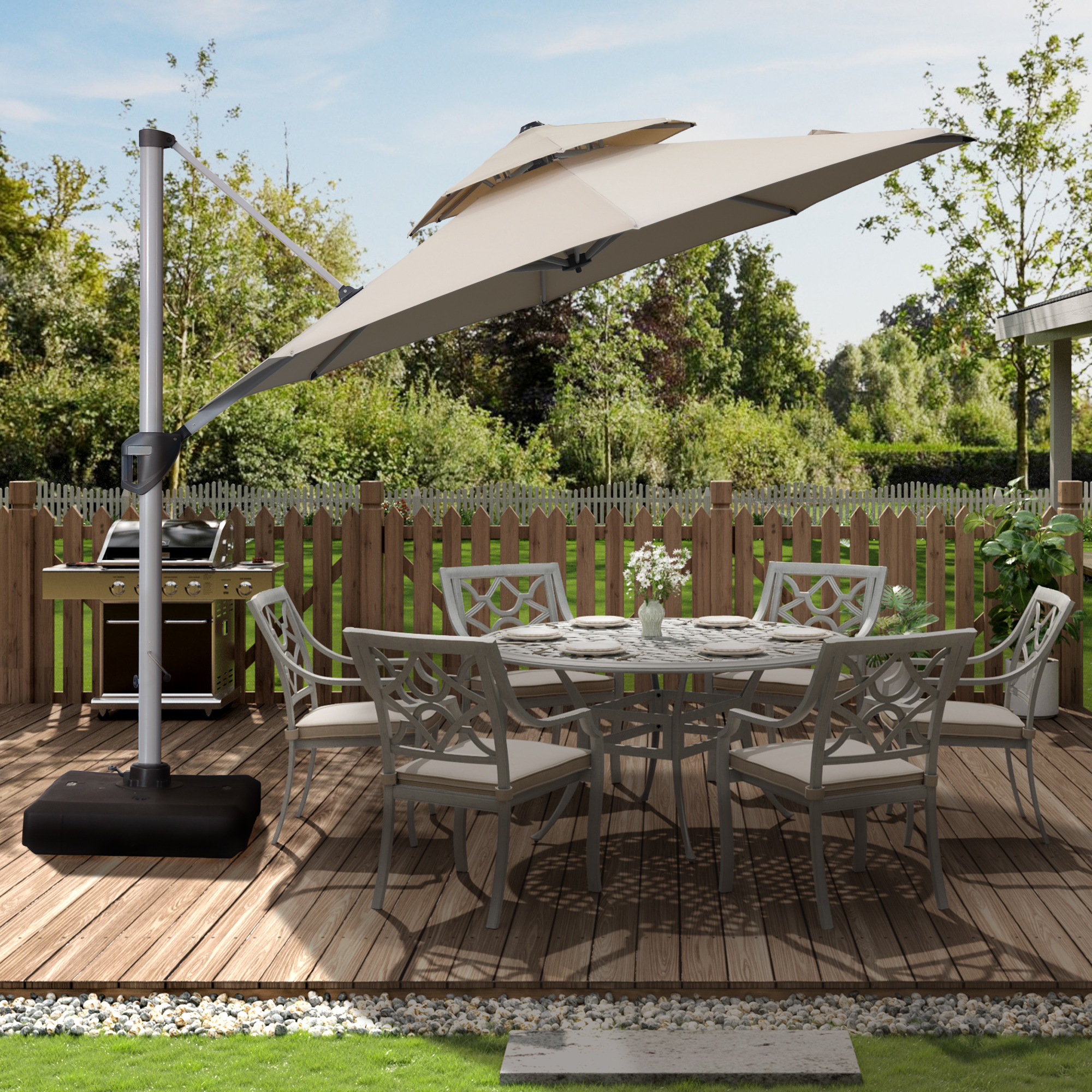10/11ft Square Cantilever Patio Umbrella with 5 Adjustable Angles, Outdoor Sunshade with Base for Deck, Garden, or Pool