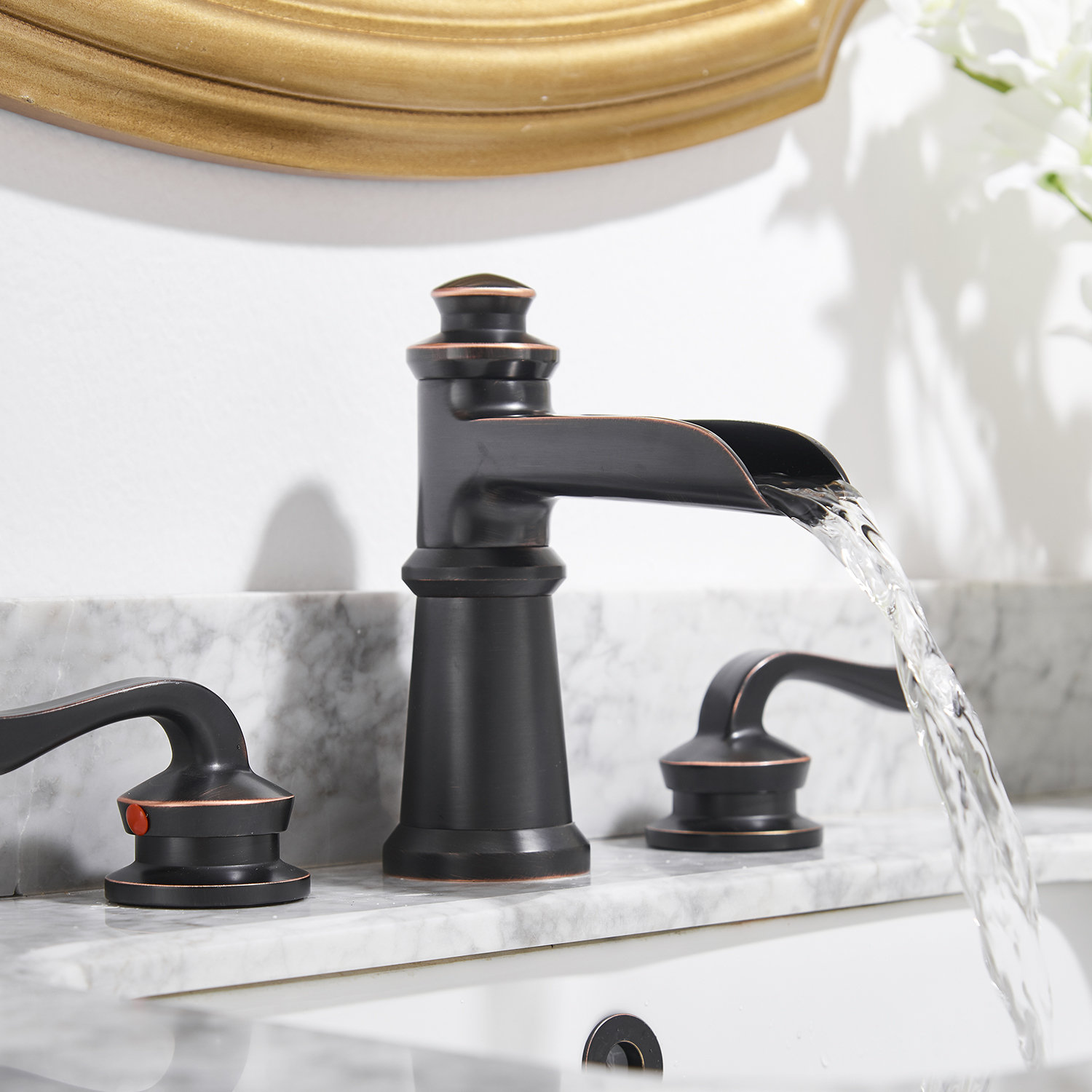 Oil Rubbed Bronze Widespread 2-Handle WaterSense Waterfall Bathroom Sink Faucet with Drain