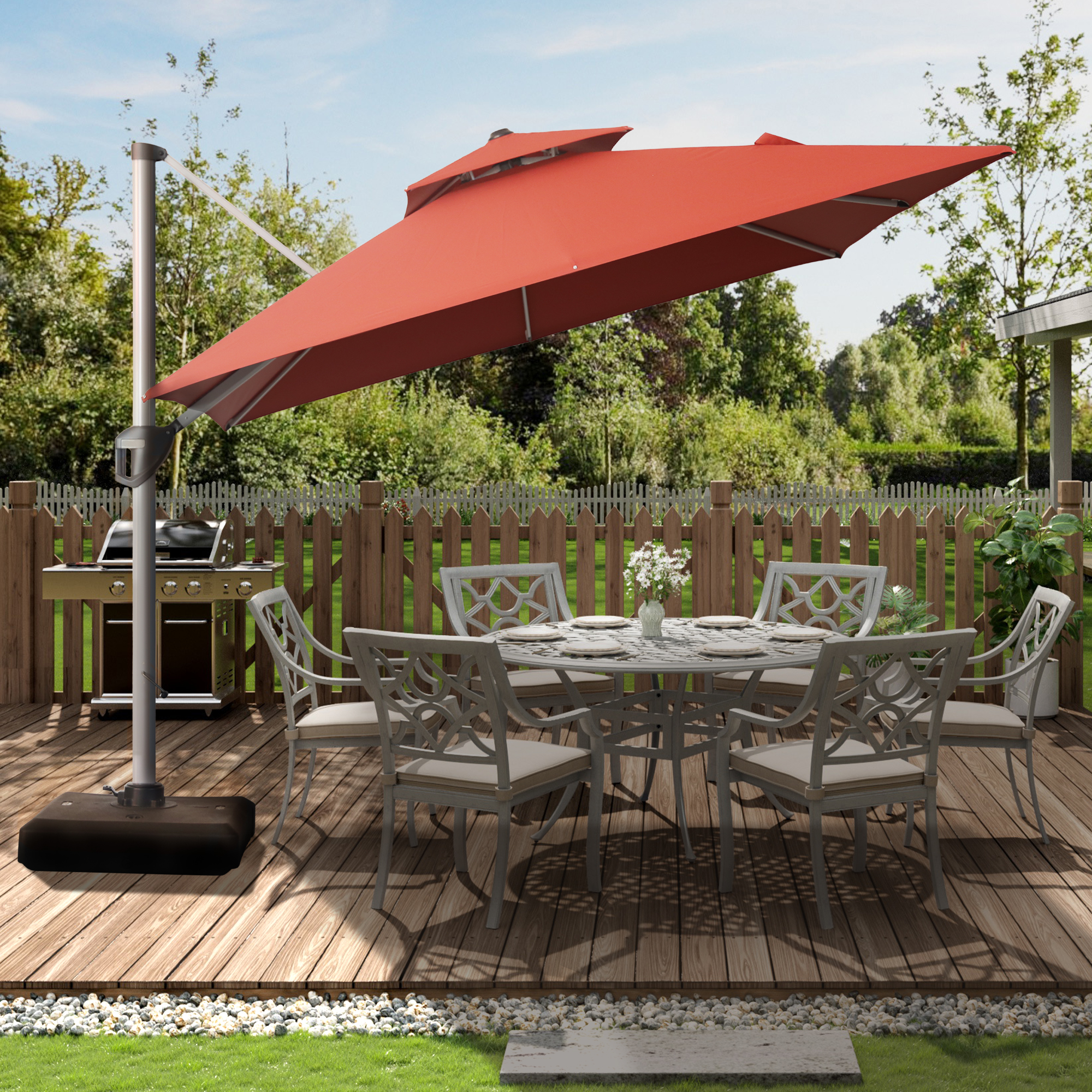 10/11ft Square Cantilever Patio Umbrella with 5 Adjustable Angles, Outdoor Sunshade with Base for Deck, Garden, or Pool