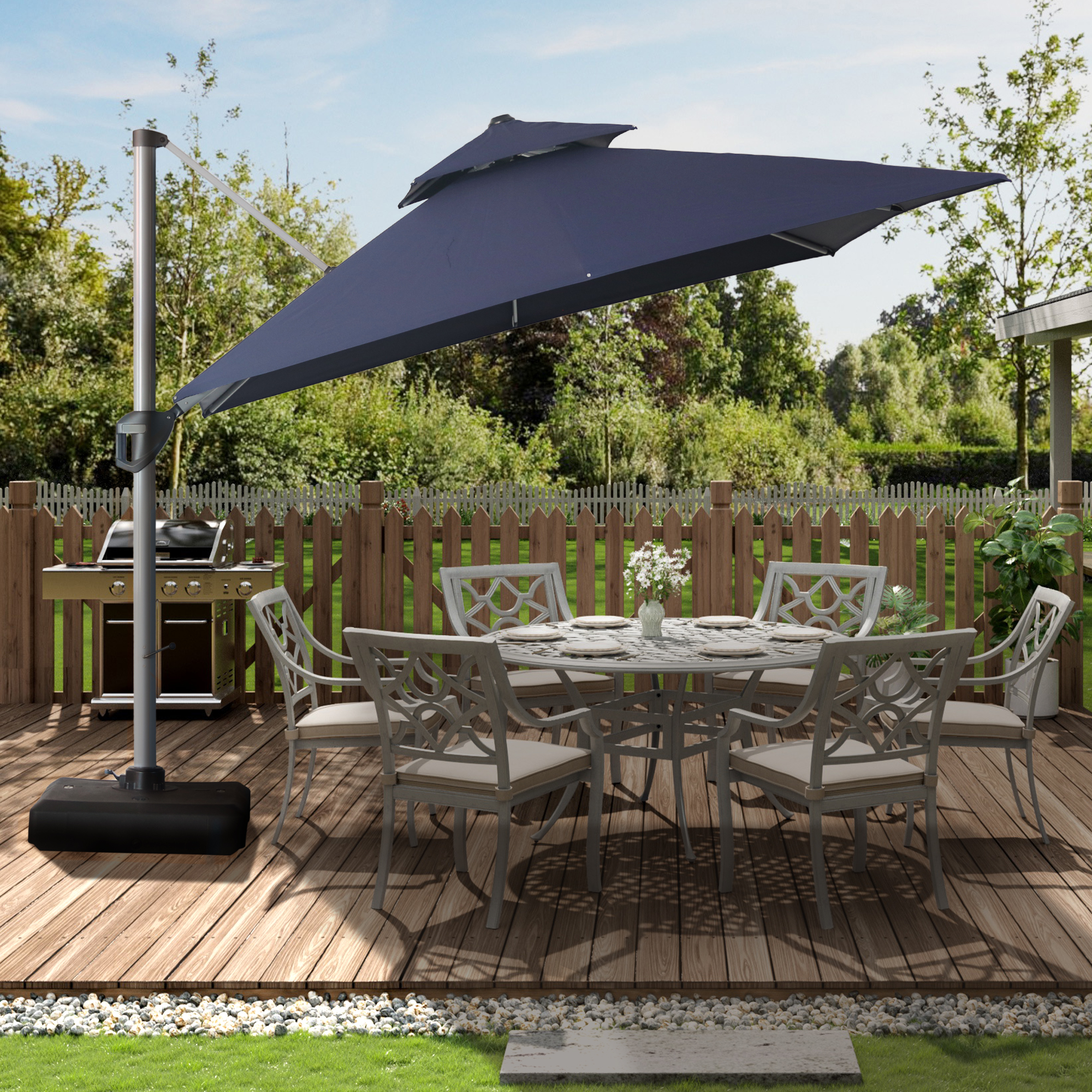 10/11ft Square Cantilever Patio Umbrella with 5 Adjustable Angles, Outdoor Sunshade with Base for Deck, Garden, or Pool