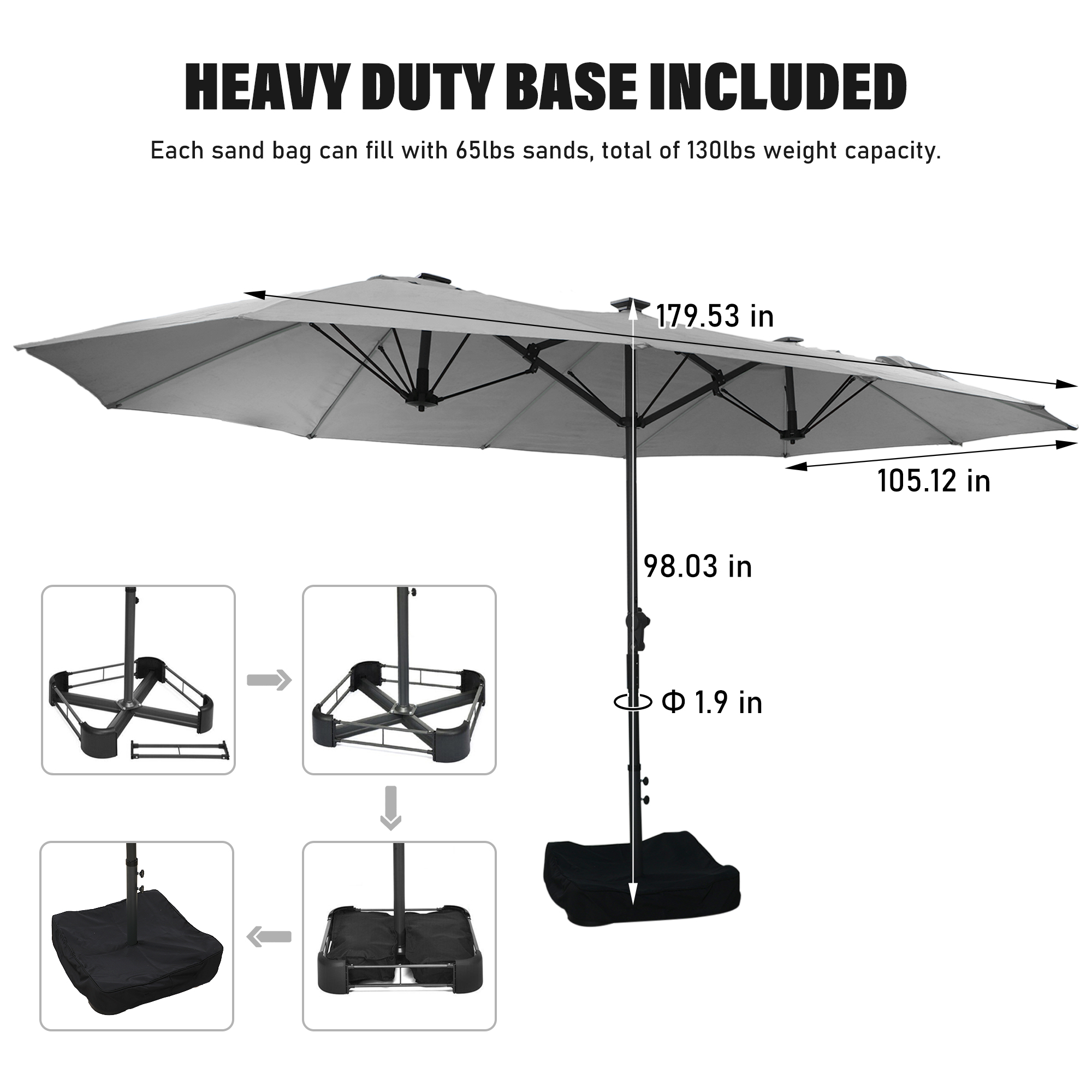 15ft Rectangular Dual-Sided Patio Fiberglass Ribs Umbrella with LED Lights