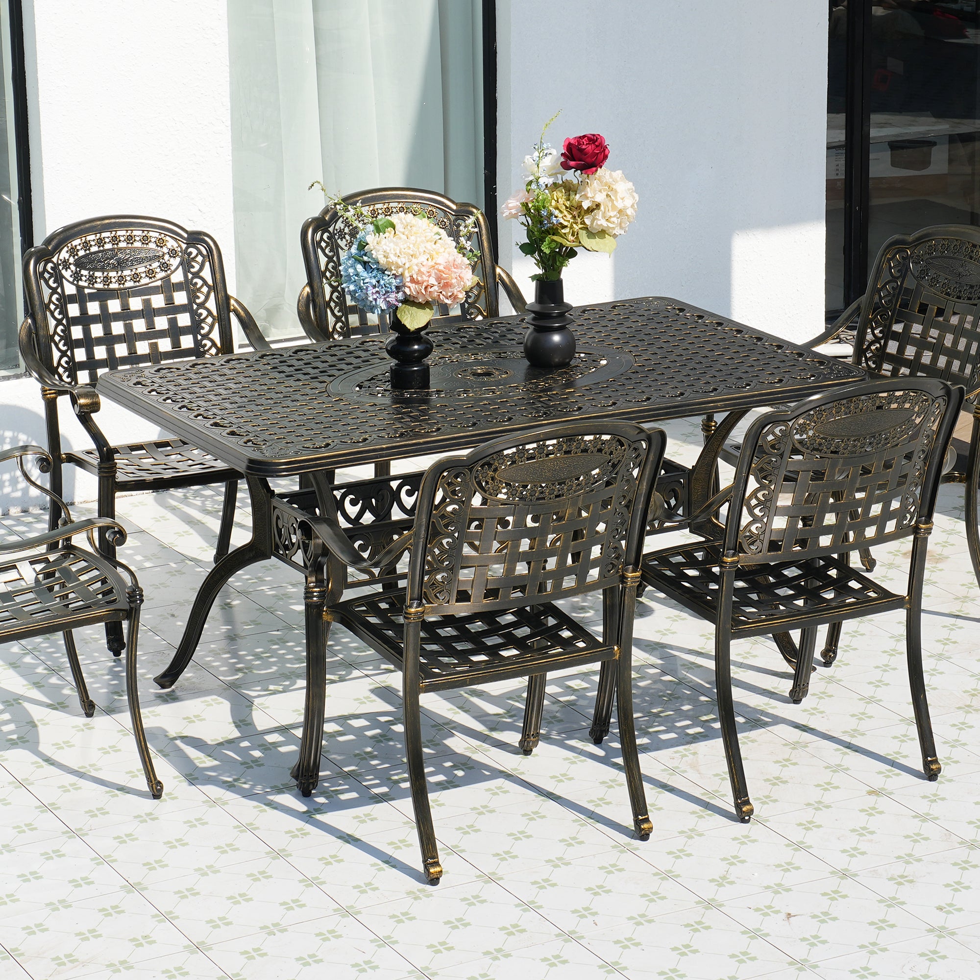 59. in Cast Aluminum Patio Rectangular Hollow-Carved Dining Table with Umbrella Hole