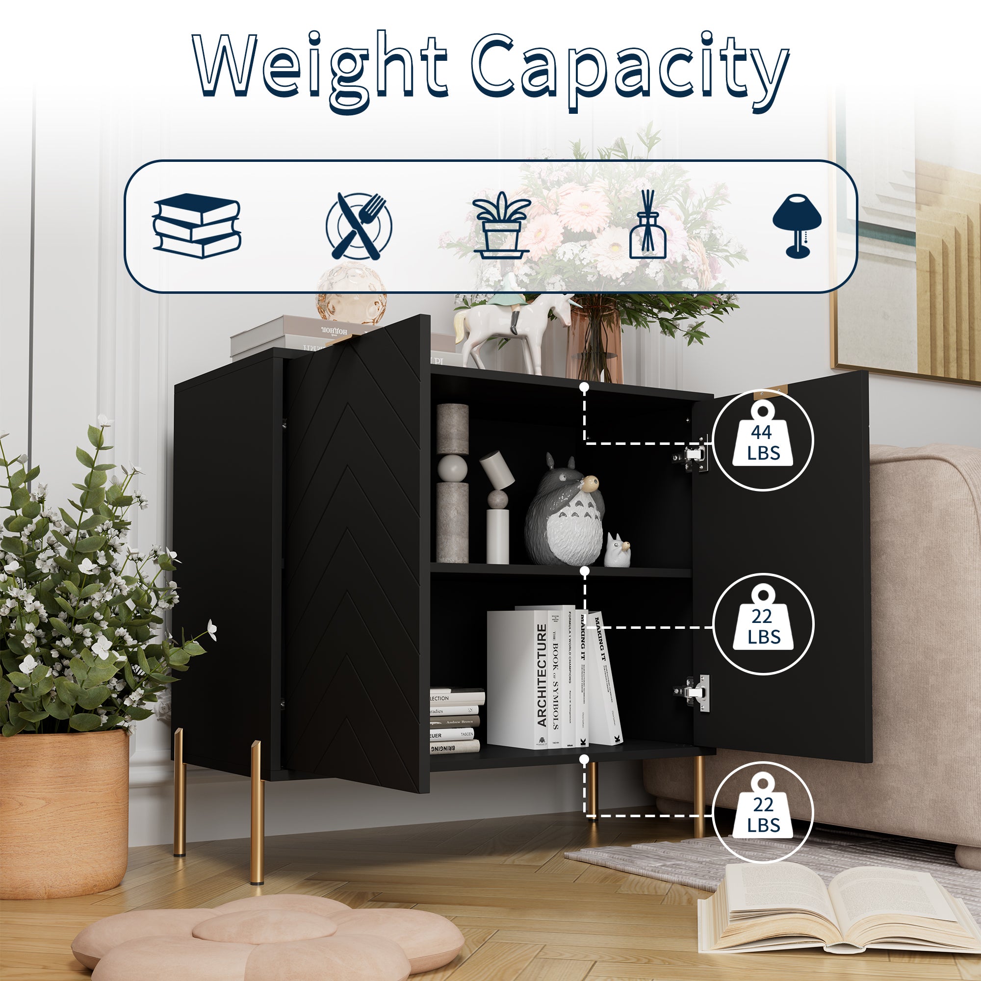 Modern Accent Buffet Cabinet with Adjustable Shelves, Accent Cabinet with 2 Doors, Modern Sideboard Buffet Cabinet, Black Accent Cabinet for Kitchen, Living Room, Entryway and Bedroom