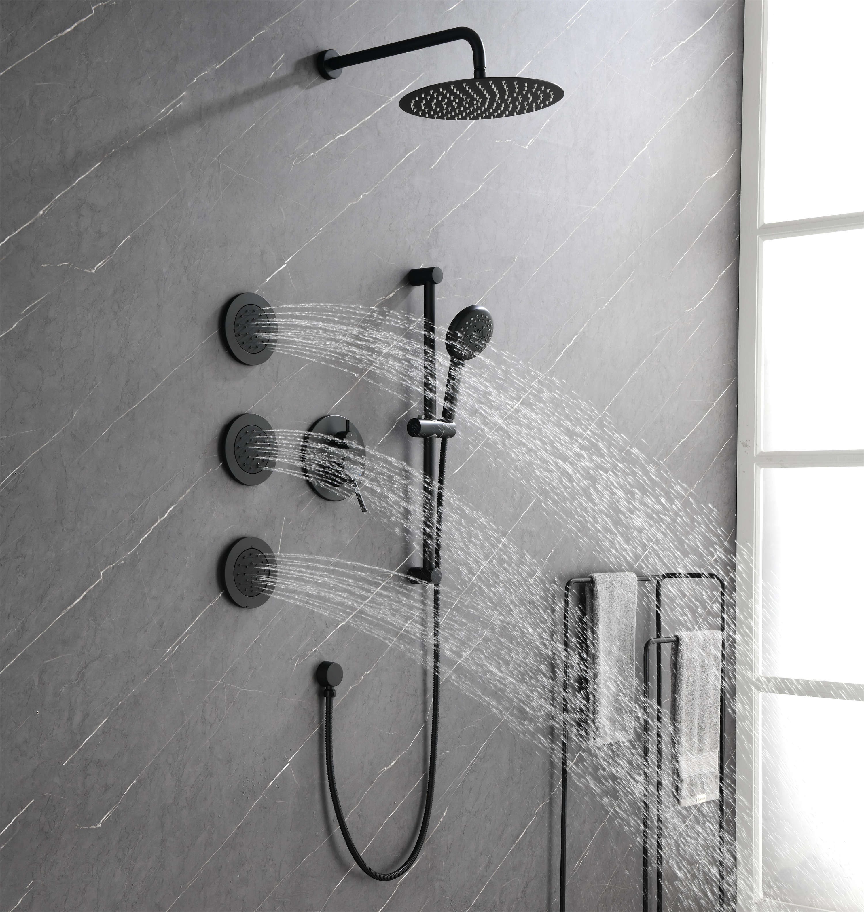 3-Spray Square High Pressure Deluxe Wall Bar Shower Kit with Slide Bar and 3-Body Spray in Brushed Nickel/Matte Black-Mondawe