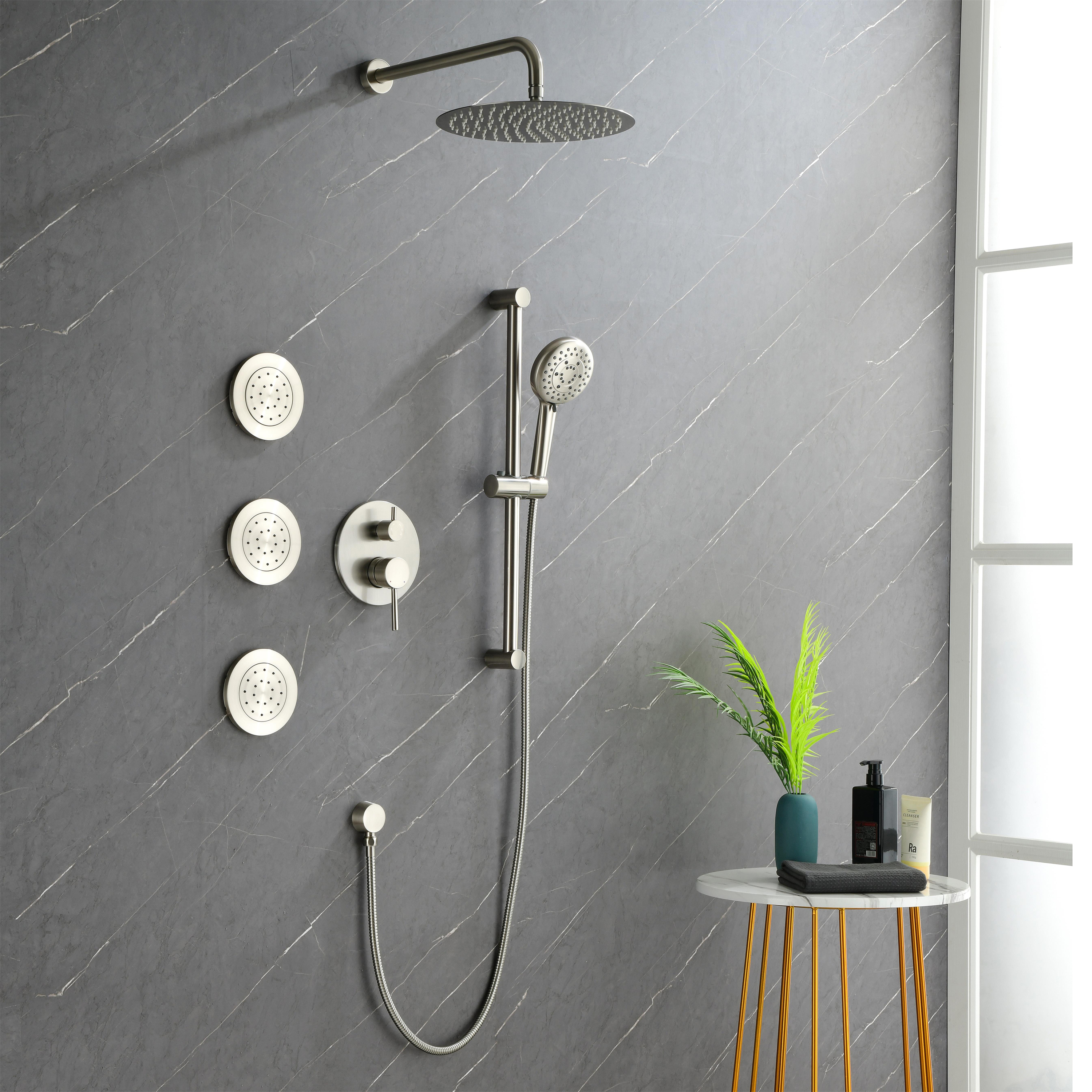 3-Spray Square High Pressure Deluxe Wall Bar Shower Kit with Slide Bar and 3-Body Spray in Brushed Nickel/Matte Black-Mondawe