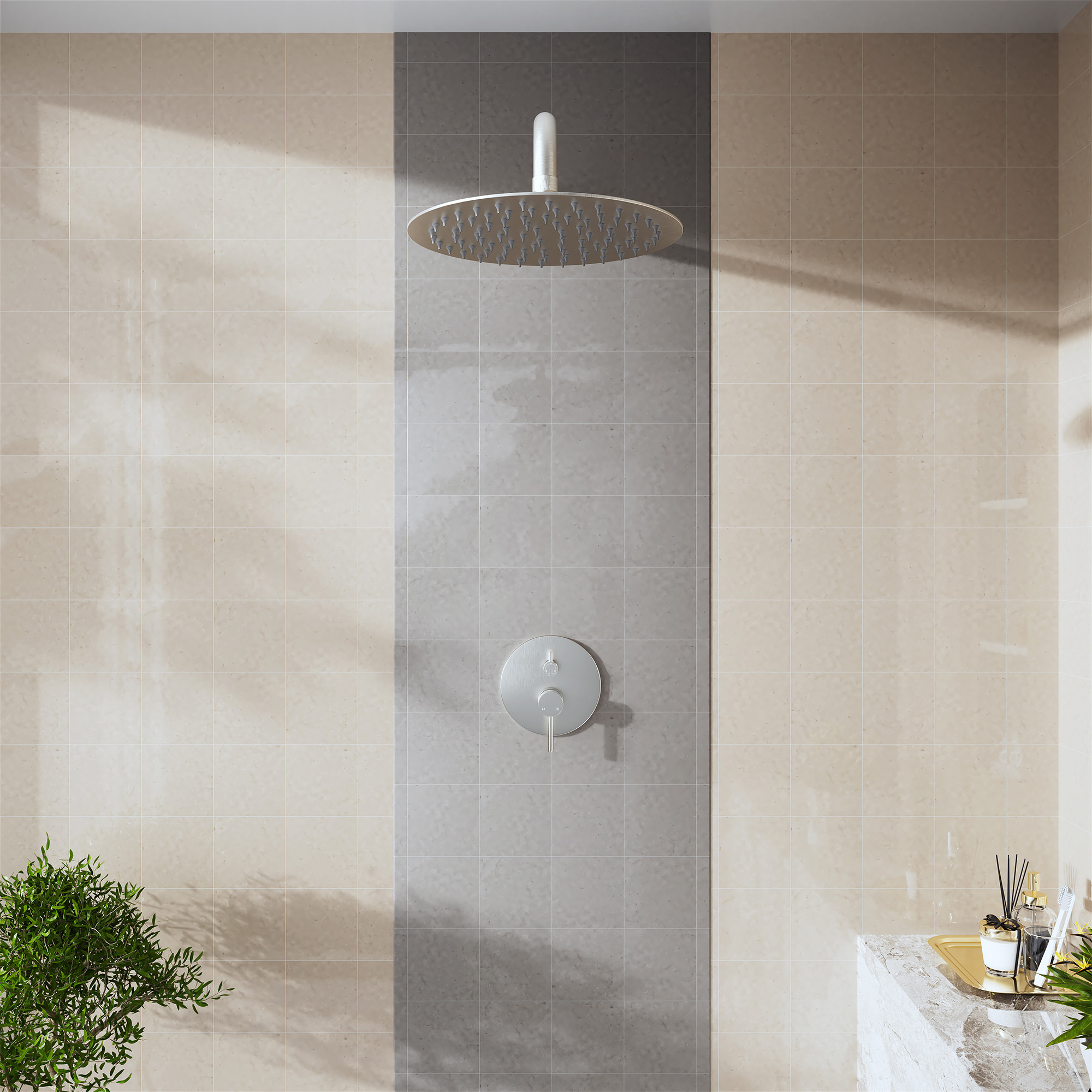 15.75" Stainless Steel Wall Mounted Round Shower Arm with Flange for Rain Shower Head in Matte Black/Brushed Nickel