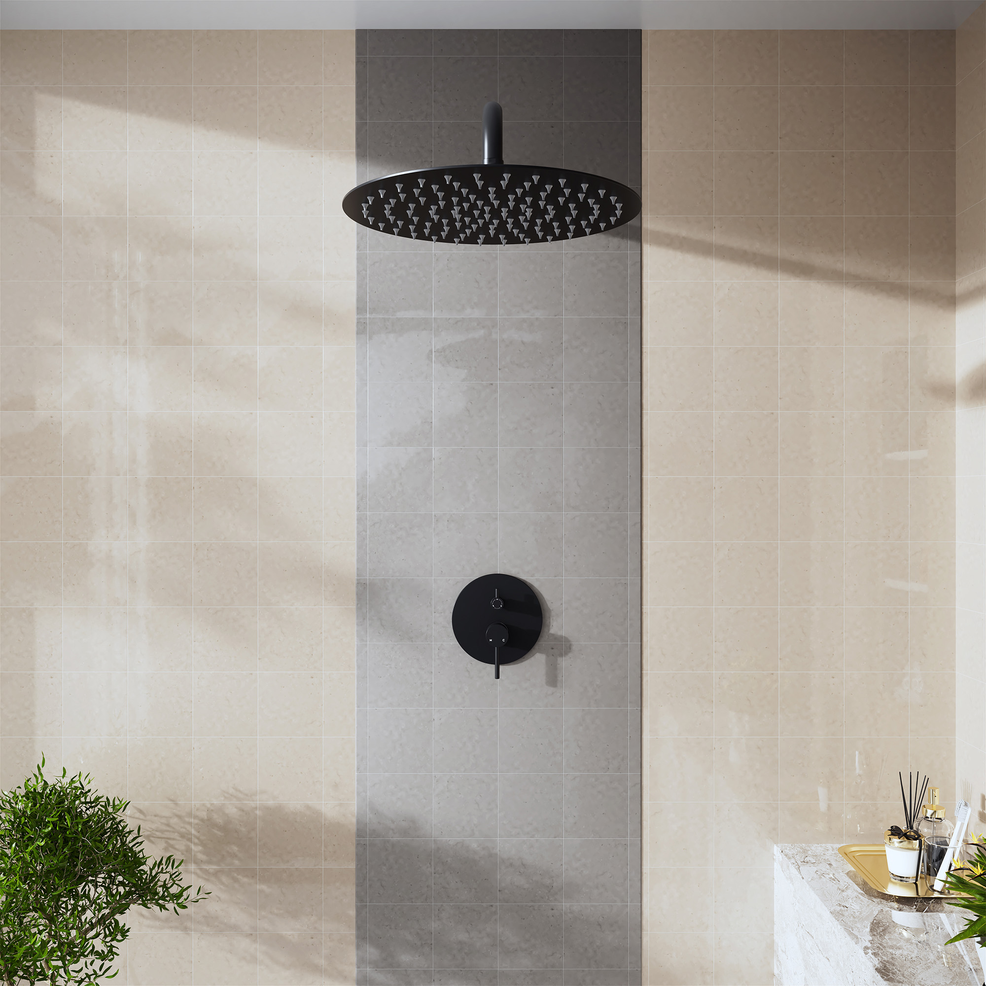 15.75" Stainless Steel Wall Mounted Round Shower Arm with Flange for Rain Shower Head in Matte Black/Brushed Nickel