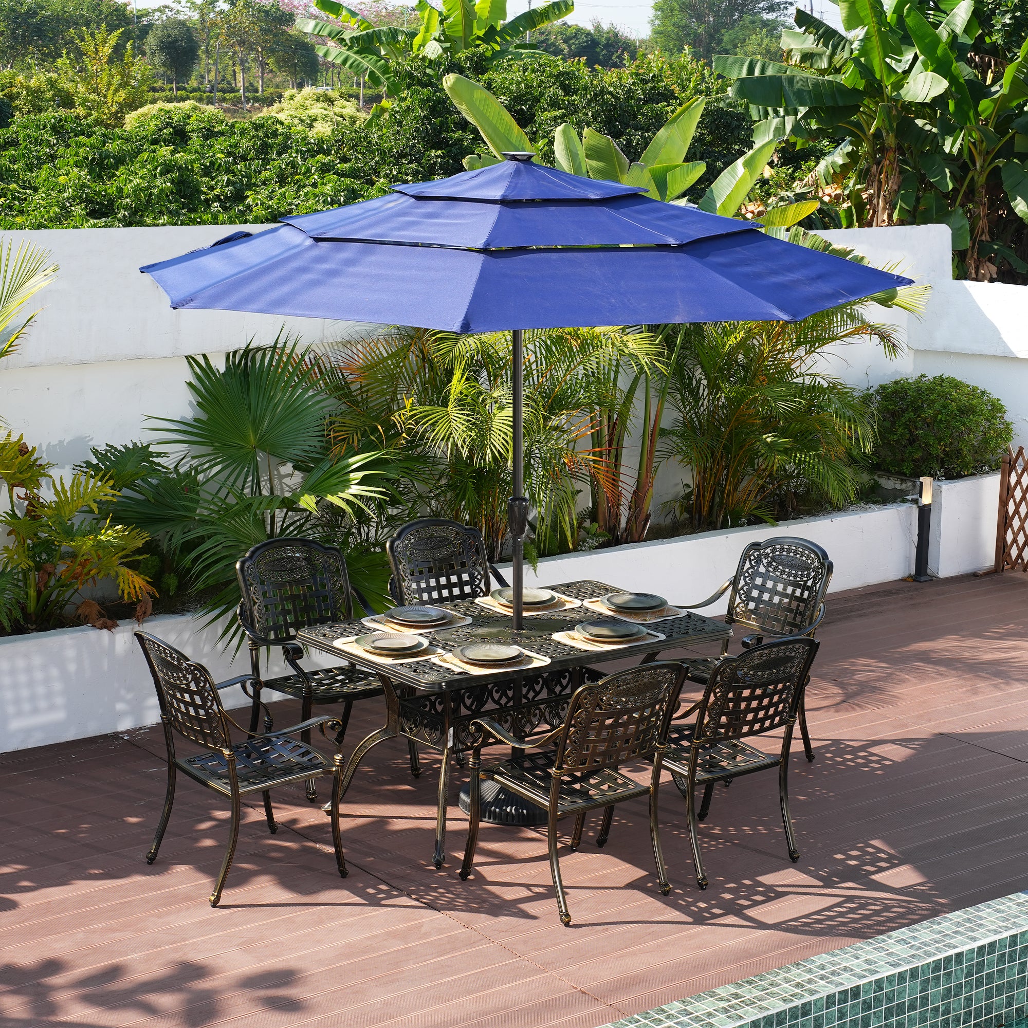 59. in Cast Aluminum Patio Rectangular Hollow-Carved Dining Table with Umbrella Hole