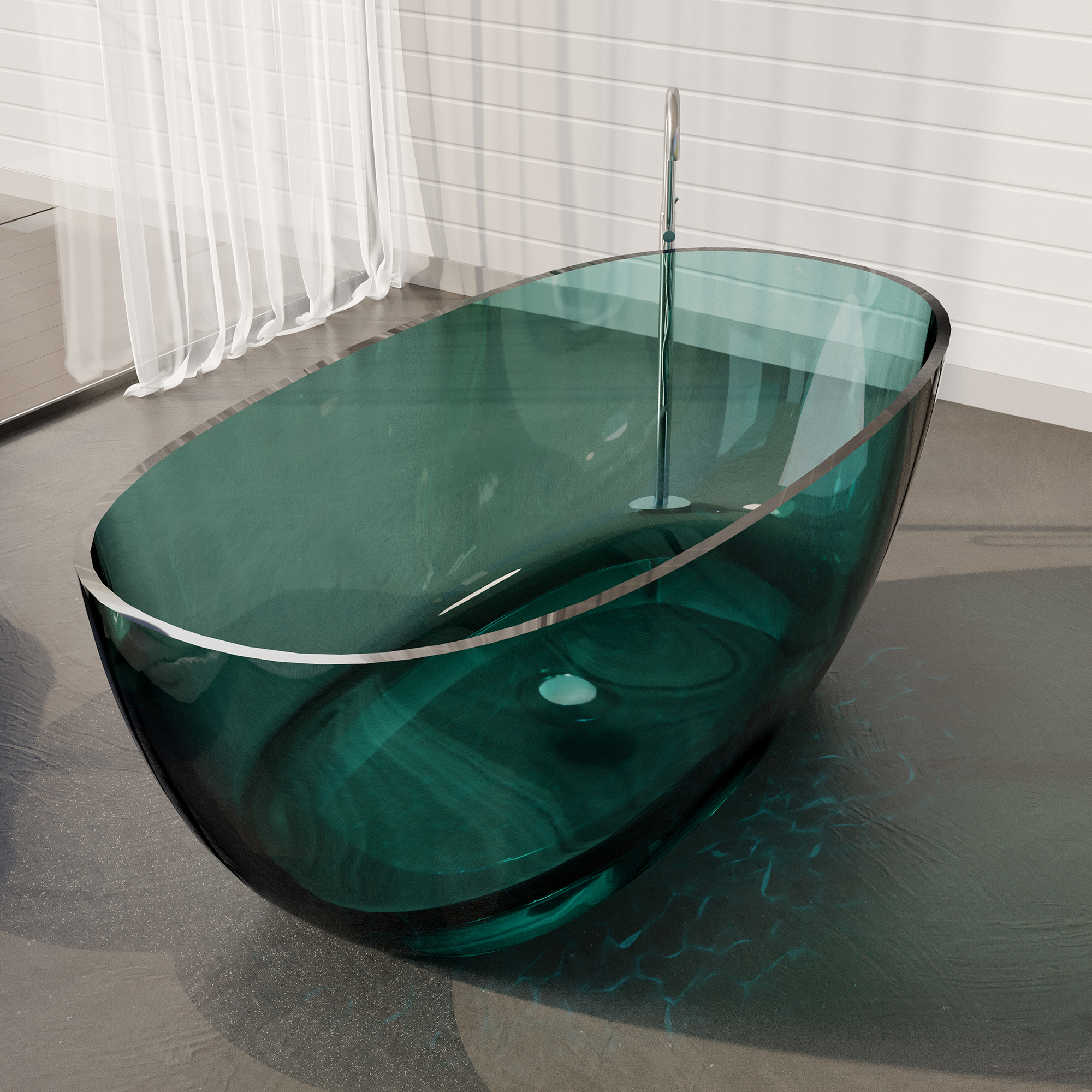 59" Soaking Tub Transparent Resin Freestanding Bathtub Modern Oval Design Stand Alone Tub with Overflow and Pop-up Drain