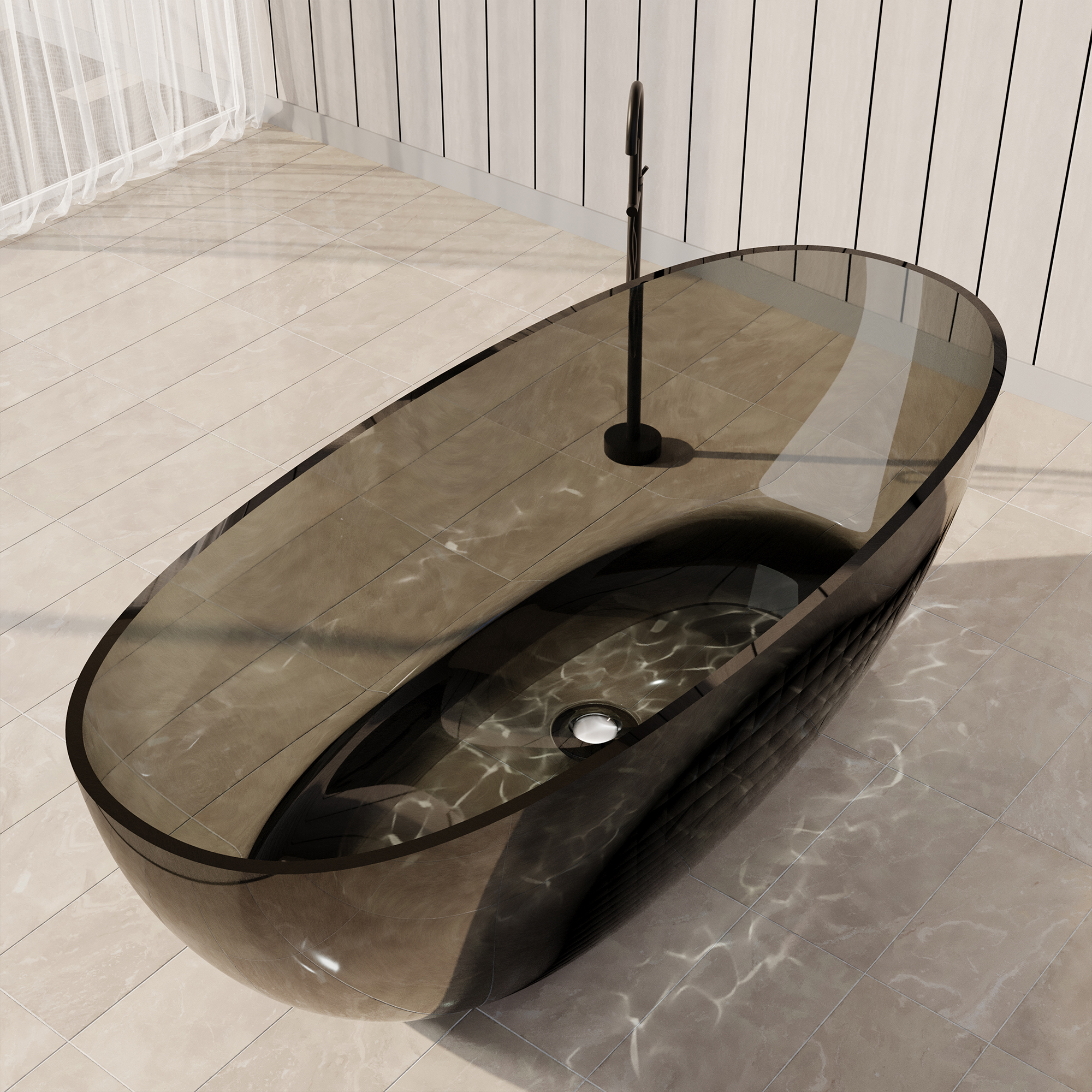 67" Soaking Tub Transparent Resin Freestanding Bathtub Modern Oval Design Stand Alone Tub with Overflow and Pop-up Drain ,Black & Grey/Coffee/Red/Blue