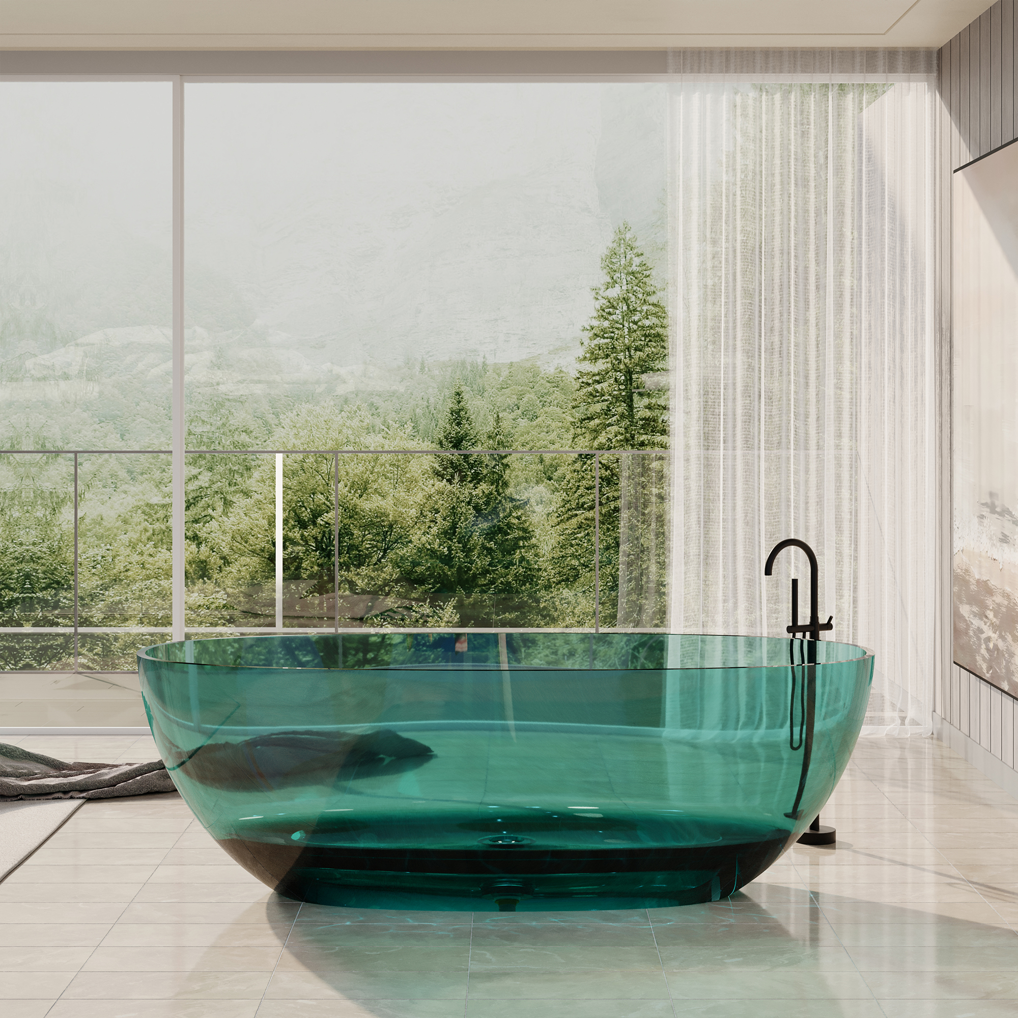 67" Soaking Tub Transparent Resin Freestanding Bathtub Modern Oval Design Stand Alone Tub with Overflow and Pop-up Drain ,Black & Grey/Coffee/Red/Blue