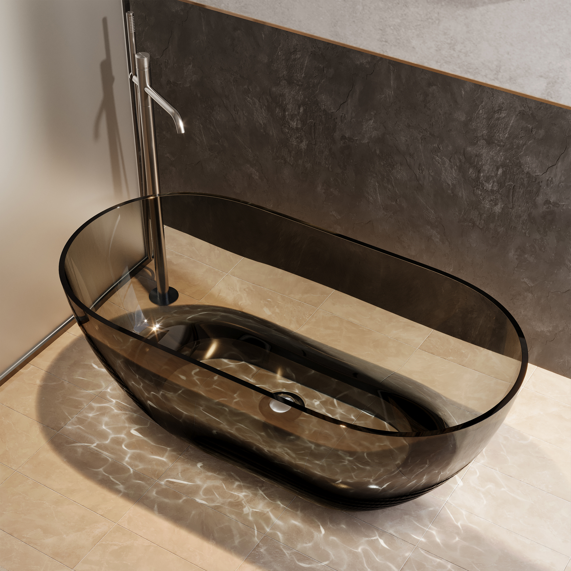  59" Resin Freestanding Bathtub Transparent Soaking Tub Modern Oval Design Stand Alone Tub with Pop-up Drain and Overflow,Black & Grey/Coffee/Purple/Blue