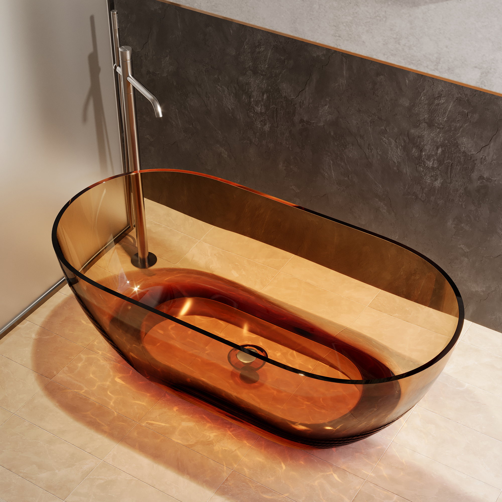  59" Resin Freestanding Bathtub Transparent Soaking Tub Modern Oval Design Stand Alone Tub with Pop-up Drain and Overflow,Black & Grey/Coffee/Purple/Blue