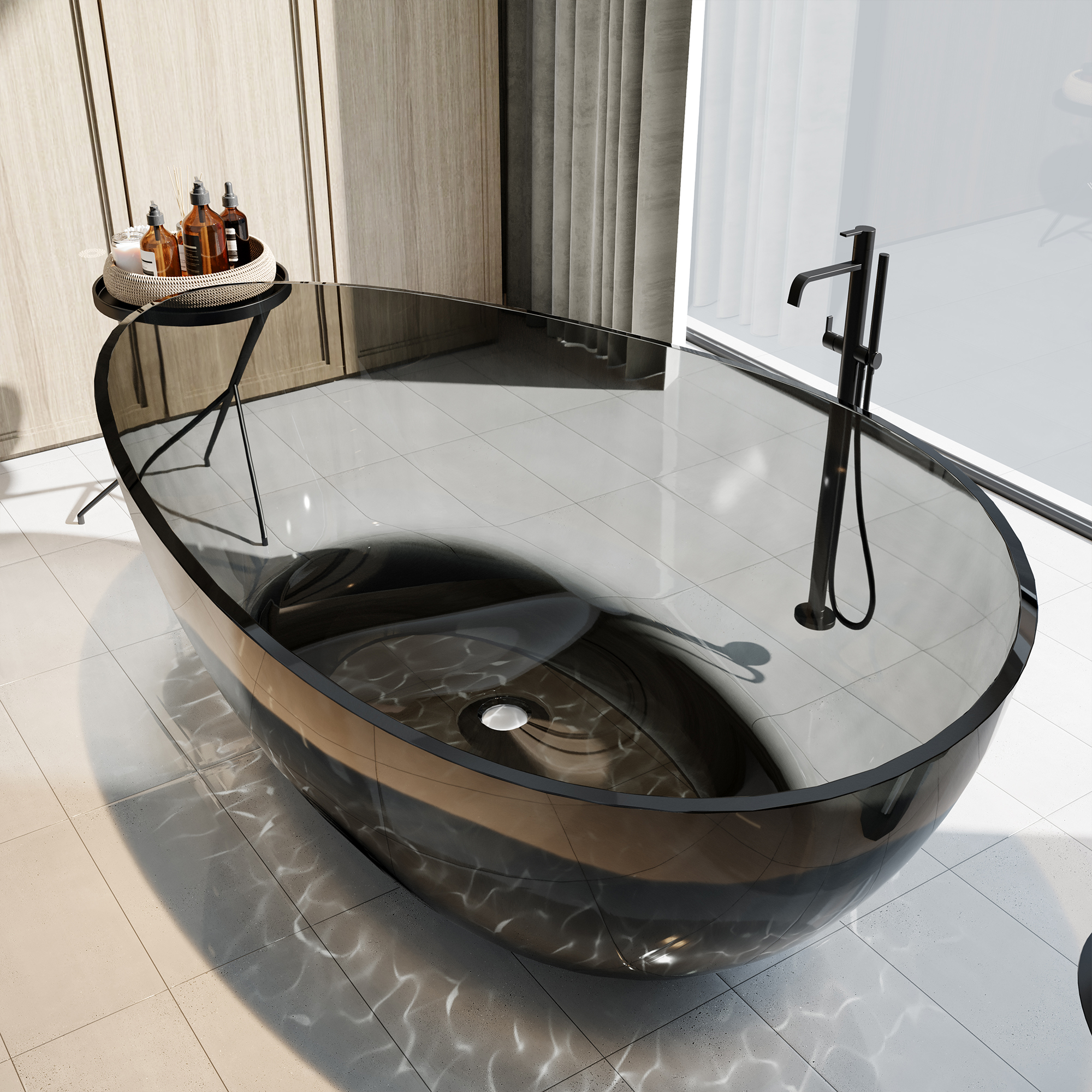 63" Freestanding Bathtub Transparent Resin Soaking Tub Modern Oval Design Stand Alone Tub with Overflow and Pop-up Drain