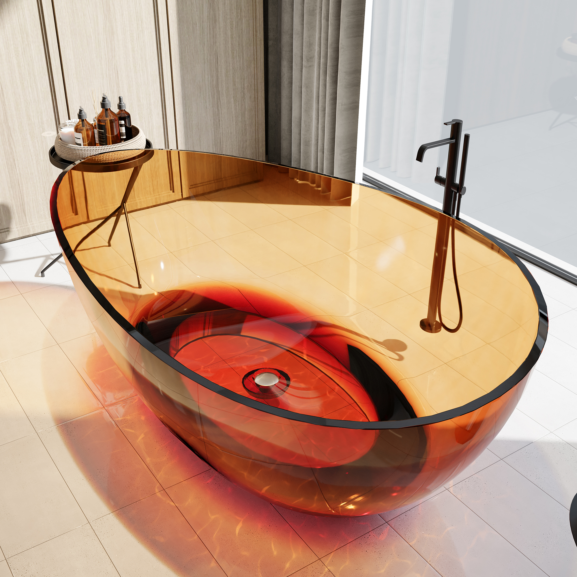 63" Freestanding Bathtub Transparent Resin Soaking Tub Modern Oval Design Stand Alone Tub with Overflow and Pop-up Drain